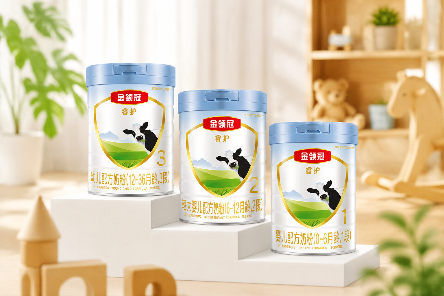 三罐大小一致的奶粉罐呈階梯狀排列在白色展臺上，背景是溫暖明亮的育兒室環(huán)境，有模糊的木質(zhì)玩具和綠植作為點綴，景深效果，畫面明亮溫馨，體現(xiàn)出奶粉不同段數(shù)和系列家族的完整感，商業(yè)靜物攝影。