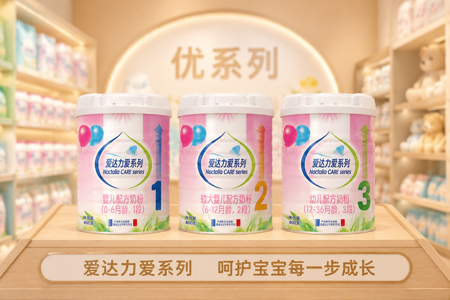 三罐不同段數(shù)的愛達(dá)力奶粉整齊地排列在展示架上，分別是1段、2段和3段，背后隱約有“優(yōu)系列”產(chǎn)品的標(biāo)志，展現(xiàn)出完整的品牌產(chǎn)品線家族，背景是溫馨的母嬰店陳列風(fēng)格，打光高級(jí)。