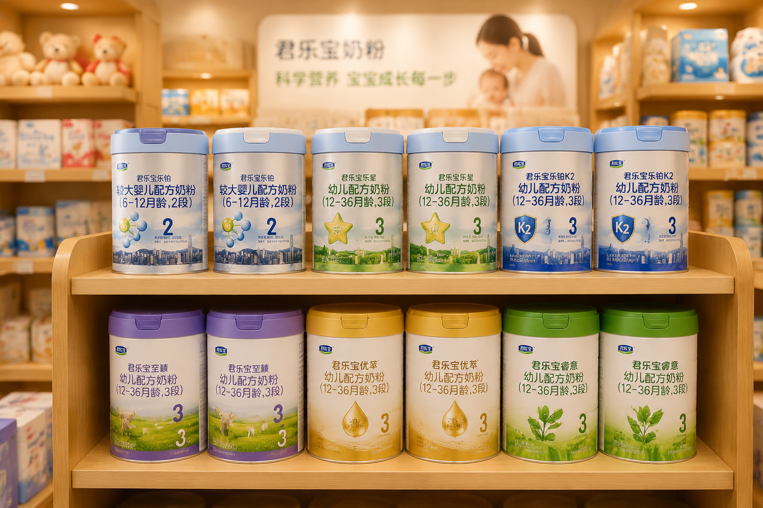 木质展示架上整齐排列着不同段数和系列的君乐宝奶粉罐，背景是温馨的母婴店陈列区，灯光柔和温暖，营造出丰富选择和值得信赖的品牌形象，景深效果。