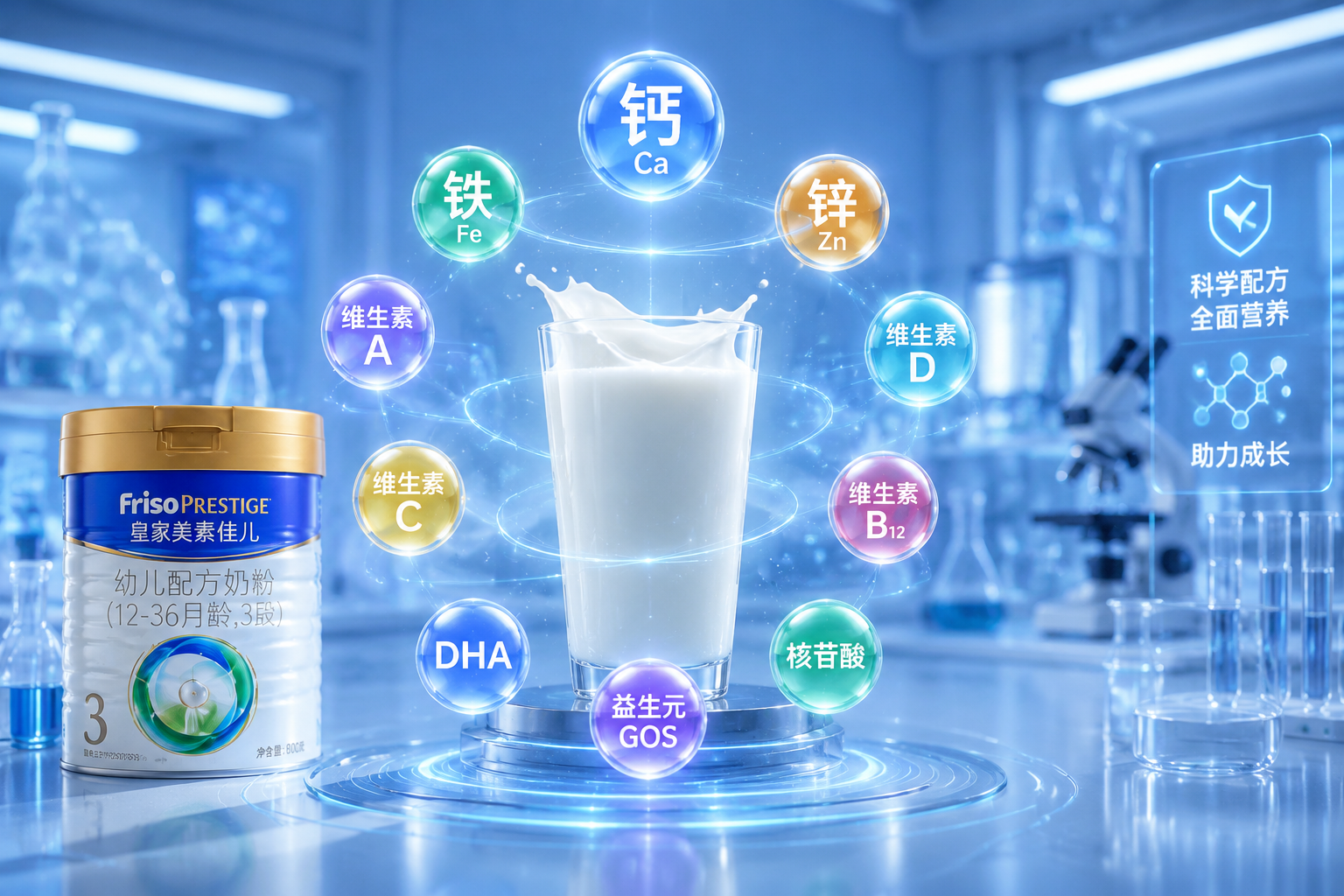 充满科技感和营养概念的画面，一杯冲泡好的纯净牛奶，周围环绕着发光的营养元素图标（如钙、铁、锌、维生素、DHA等），背景是实验室或洁净的蓝色调，展现奶粉配方的科学性与全面性，3D渲染。
