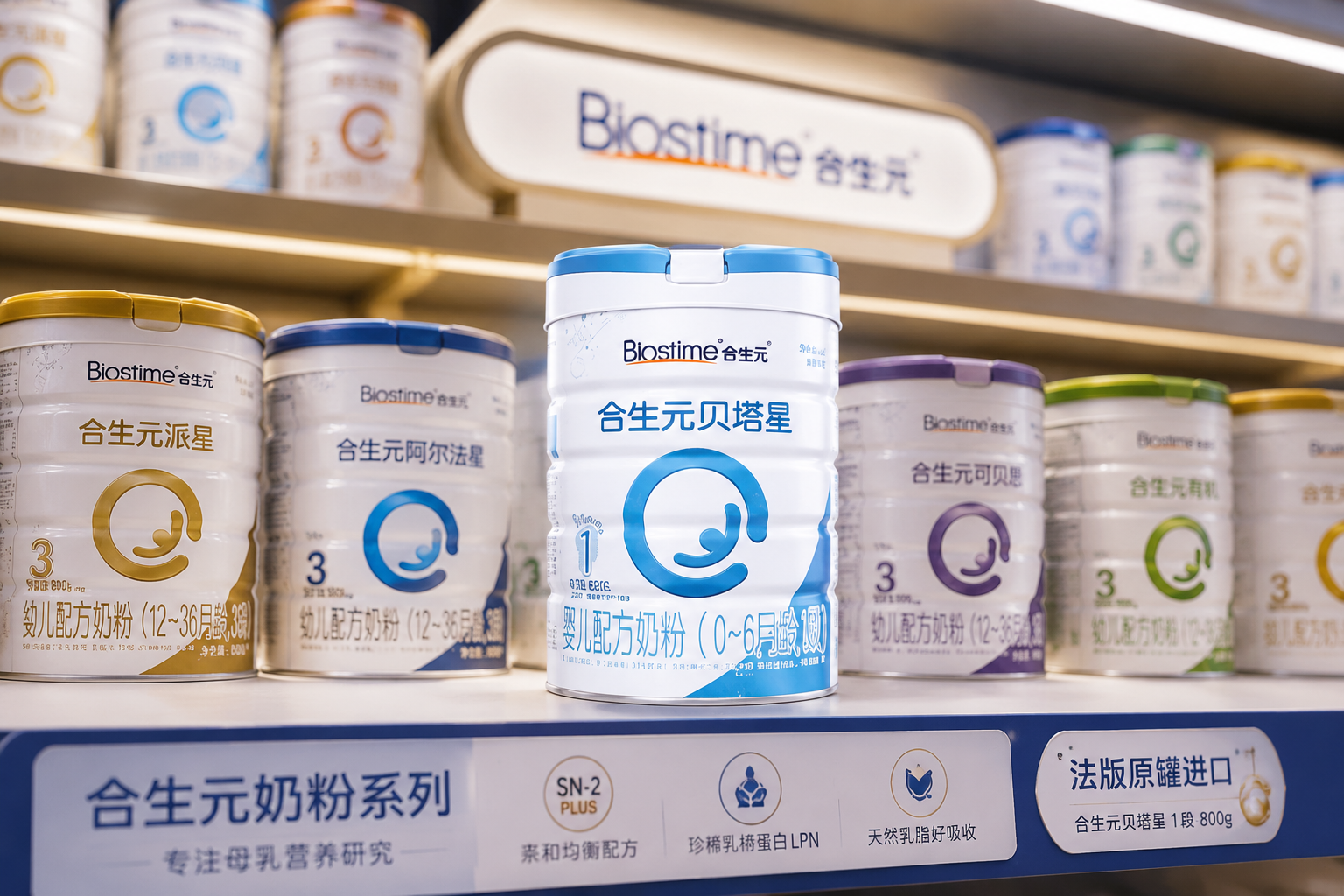 超市货架或高端母婴店的展示柜，整齐排列着不同段数和系列的合生元奶粉罐，灯光柔和，聚焦在其中一罐国行版奶粉上，背景适度虚化，展现出品牌的多样性和专业感。