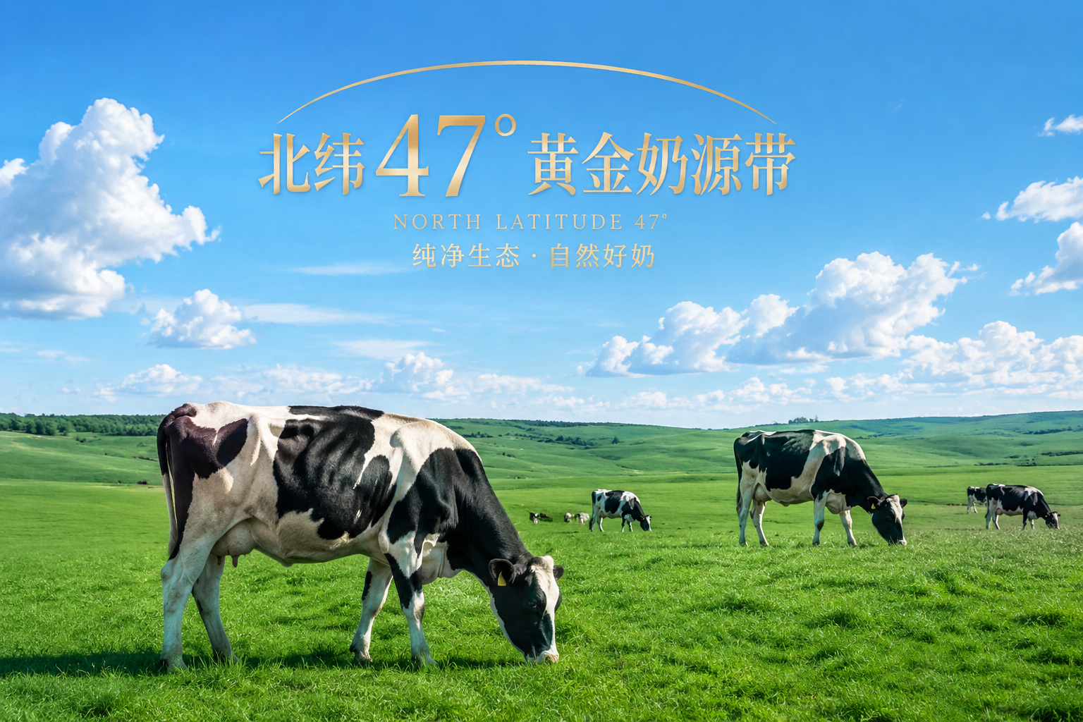 广阔的绿色草原，蓝天白云，几头健康的黑白花奶牛在吃草，阳光明媚，画面清新自然，展现北纬47度黄金奶源带的纯净生态，高画质，摄影级 --ar 16:9
