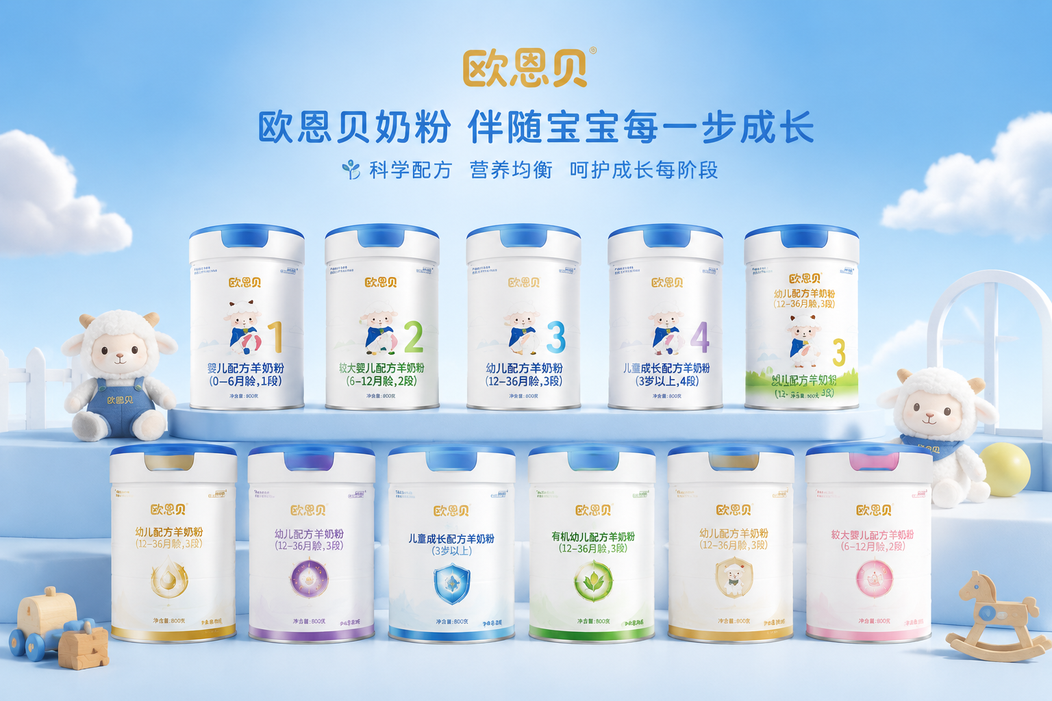 多罐欧恩贝品牌的奶粉整齐排列,包含不同段位和系列的包装,展现品牌丰富的产品线和伴随宝宝成长的家族概念。
