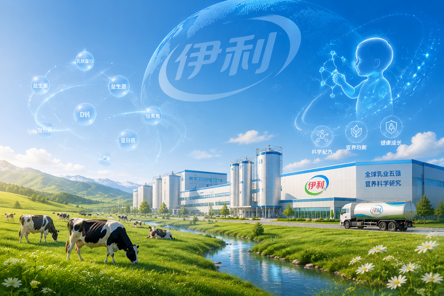现代化的乳制品工厂结合广阔的绿色草原，天空中隐约带有伊利品牌的标志性元素，代表着深厚的品牌底蕴、全球前五的乳业实力以及对婴幼儿营养的科学探索，科技感与自然生态完美融合。