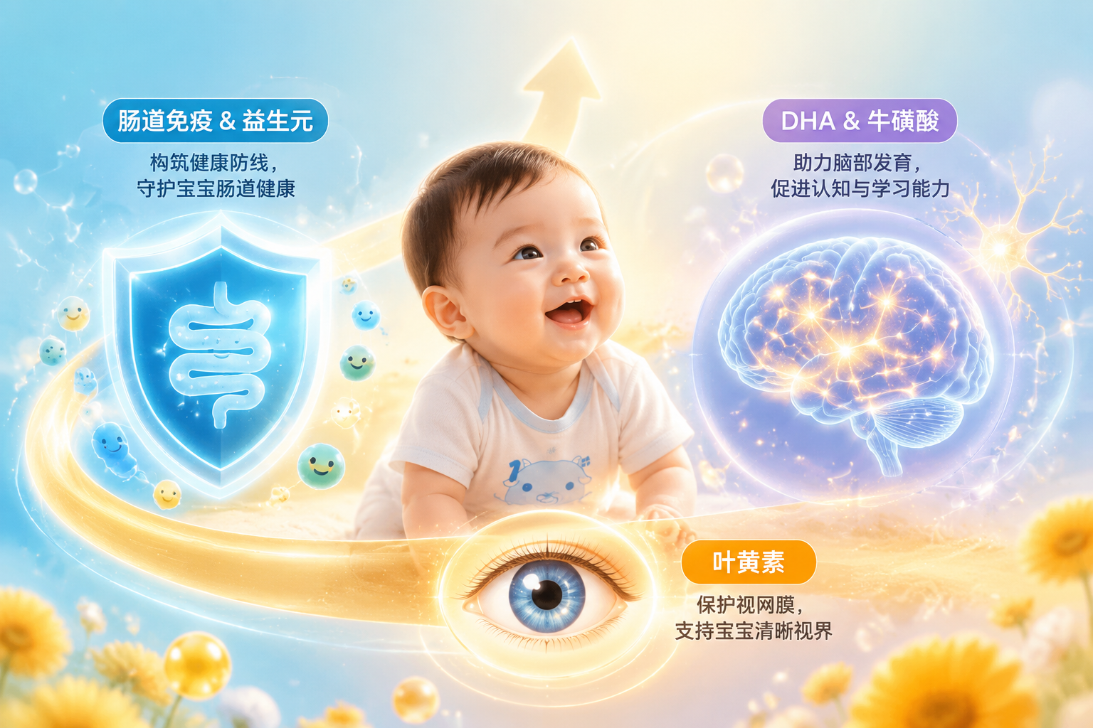 婴儿健康发育的抽象概念图。画面包含一个发光的盾牌（代表肠道免疫和益生元）、一个明亮清晰的眼睛图标（代表叶黄素）以及大脑神经元连接的闪光特效（代表DHA和牛磺酸），色彩温馨且富有生机。