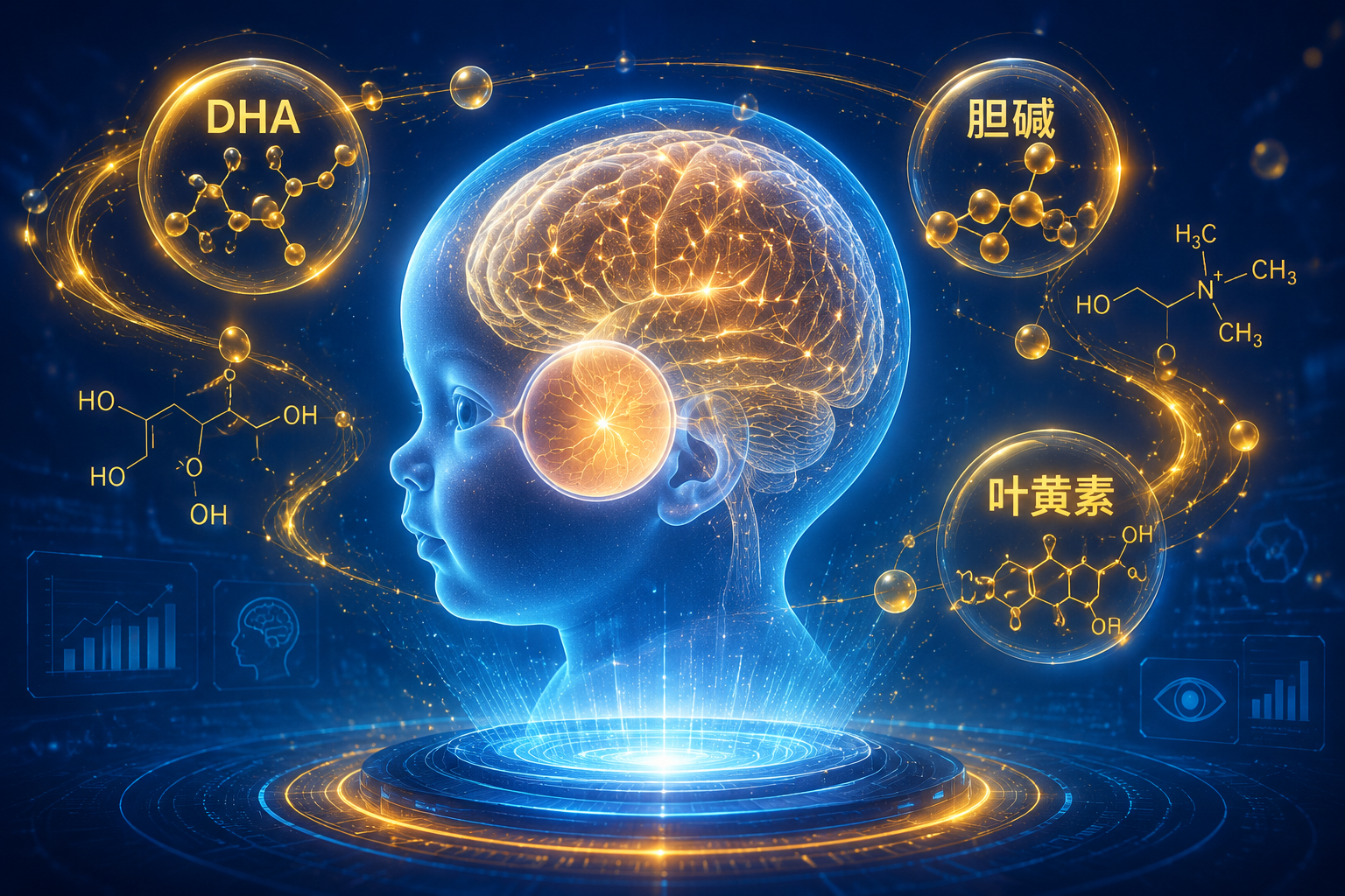 3D高质量渲染图,画面中心是一个发光的婴儿大脑和眼睛的半透明全息投影,周围环绕着代表DHA、胆碱、叶黄素的分子结构图标,背景为科技感的深蓝色与温暖的金色交织,寓意智慧与视力的全面发育。
