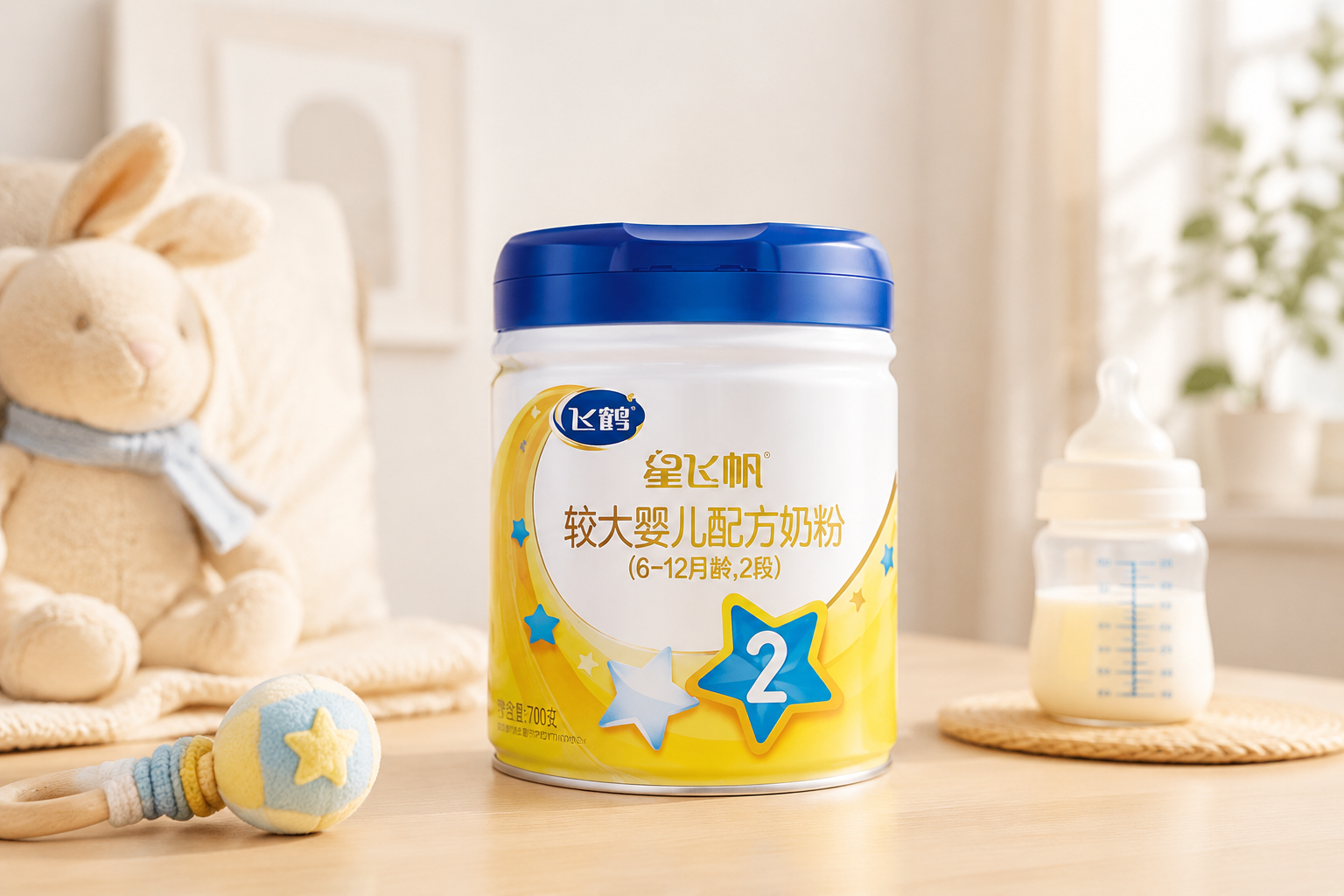 飛鶴星飛帆2段奶粉產(chǎn)品圖，700g罐裝，擺在溫馨的母嬰桌面上，旁邊有嬰兒安撫玩具和奶瓶，柔和的自然光，攝影級(jí)高通透感，清晰展示品牌Logo。