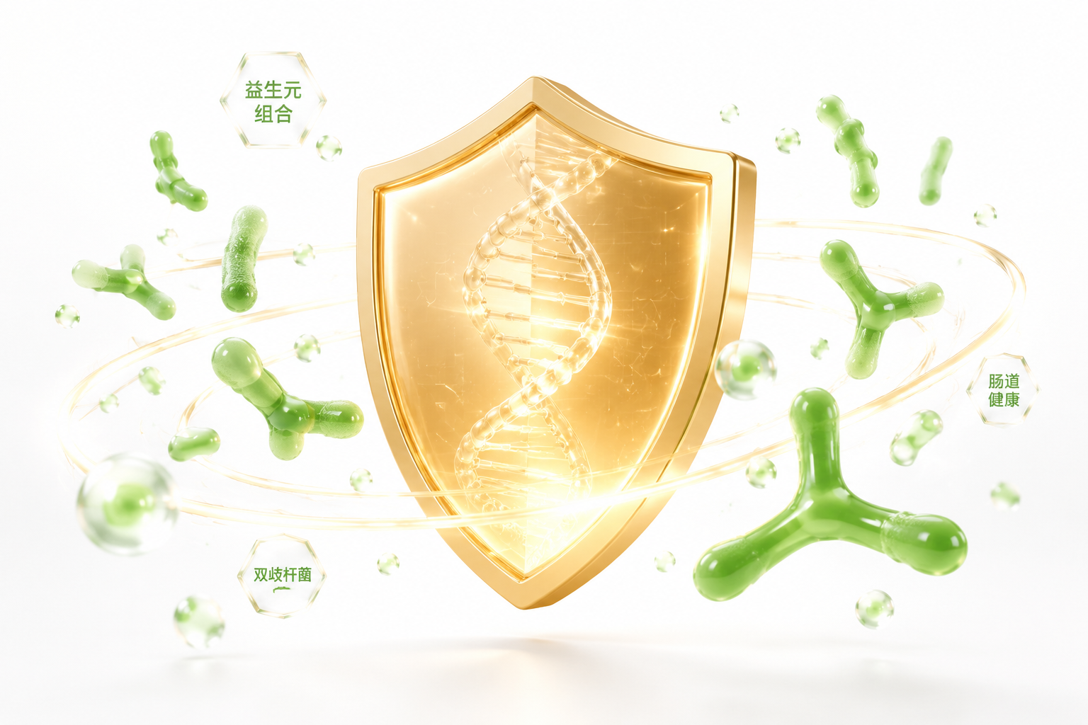 免疫力與腸道健康概念圖。在純白色的背景上，用3D渲染風(fēng)格表現(xiàn)出一個(gè)發(fā)光的金色盾牌（象征乳鐵蛋白/免疫力），盾牌周圍環(huán)繞著綠色的雙歧桿菌等益生菌模型（象征益生元組合），畫面中間漂浮著半透明的DNA雙螺旋結(jié)構(gòu)，極具科技感與醫(yī)療保健感，色調(diào)柔和高級(jí)。