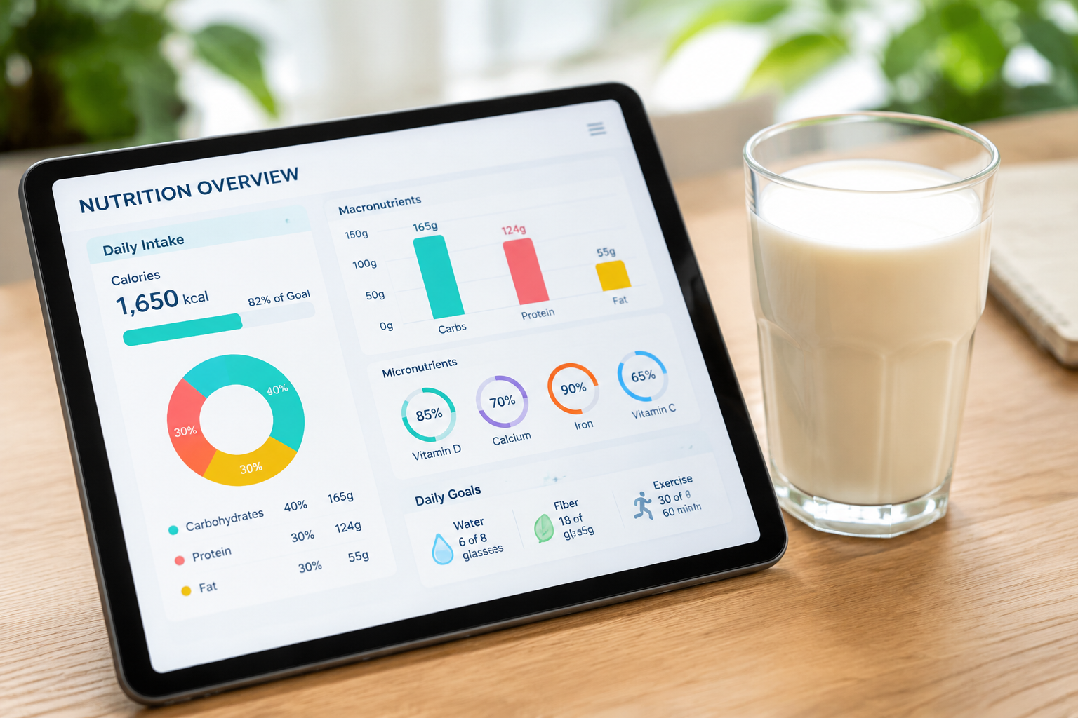 A close-up of a digital tablet screen displaying colorful nutritional charts and graphs, a glass of fresh milk next to it on a light wooden table, bright and inviting, lifestyle photography.