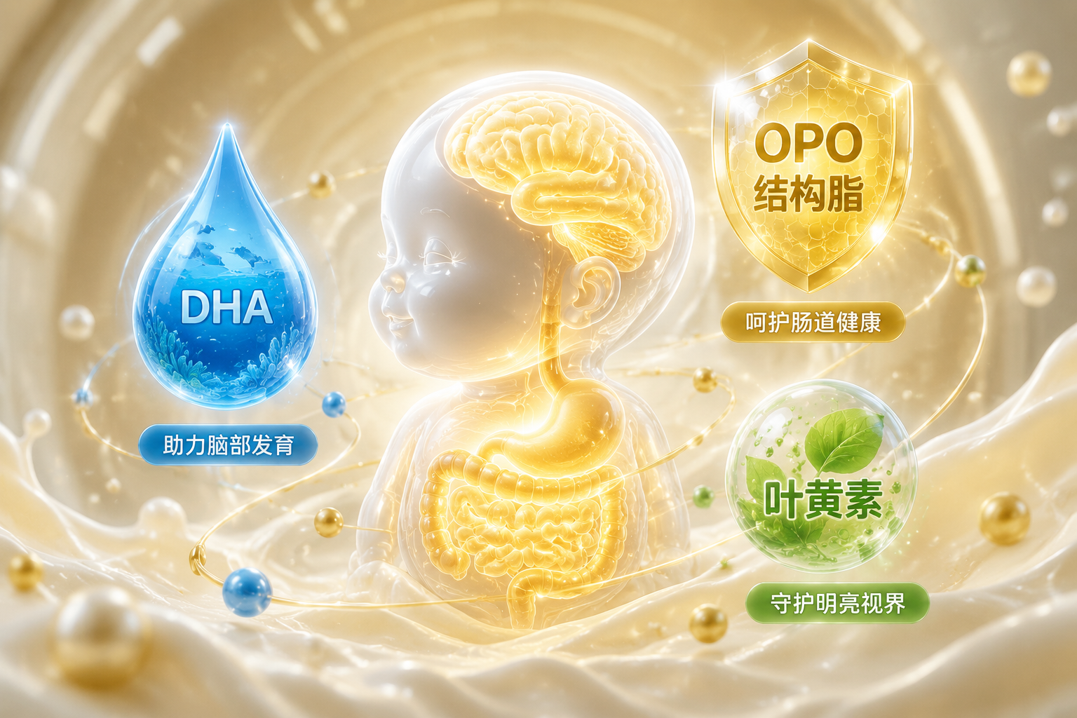 3D微观视角的营养元素插画，包含代表DHA的蓝色海洋水滴、代表OPO结构脂的金色盾牌、代表叶黄素的绿色植物精华，它们围绕着一个可爱的婴儿大脑和肠胃的半透明发光模型，科技感与健康感结合。