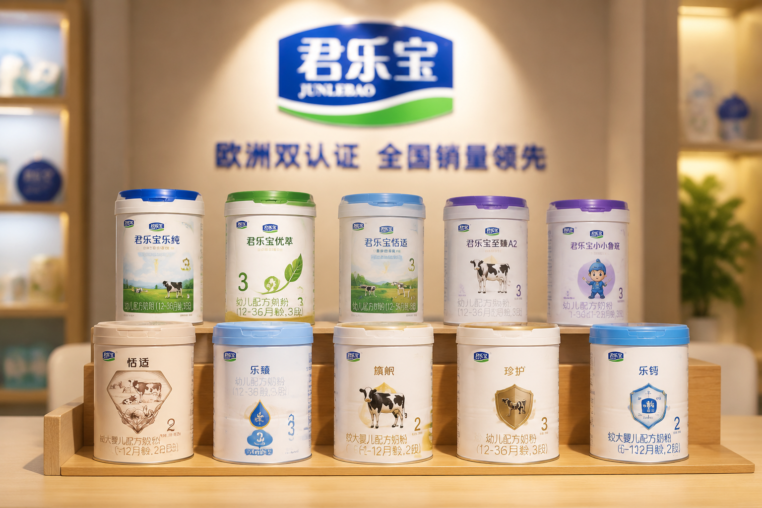 君乐宝奶粉家族系列展示。几罐不同系列和段数的君乐宝奶粉整齐排列在木质展架上，背景虚化，灯光聚焦在产品上，展现品牌丰富的产品矩阵。专业商业摄影，景深效果。