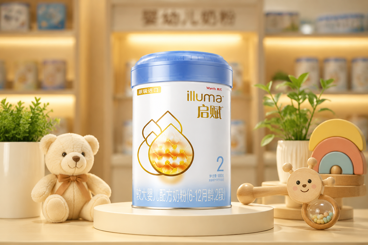 一罐惠氏藍鉆啟賦奶粉放置在高端母嬰店的展示臺上，背景是柔和的暖色調(diào)燈光，旁邊有可愛的嬰兒玩具和綠植點綴，畫面清晰，專業(yè)產(chǎn)品攝影風格，8k分辨率。