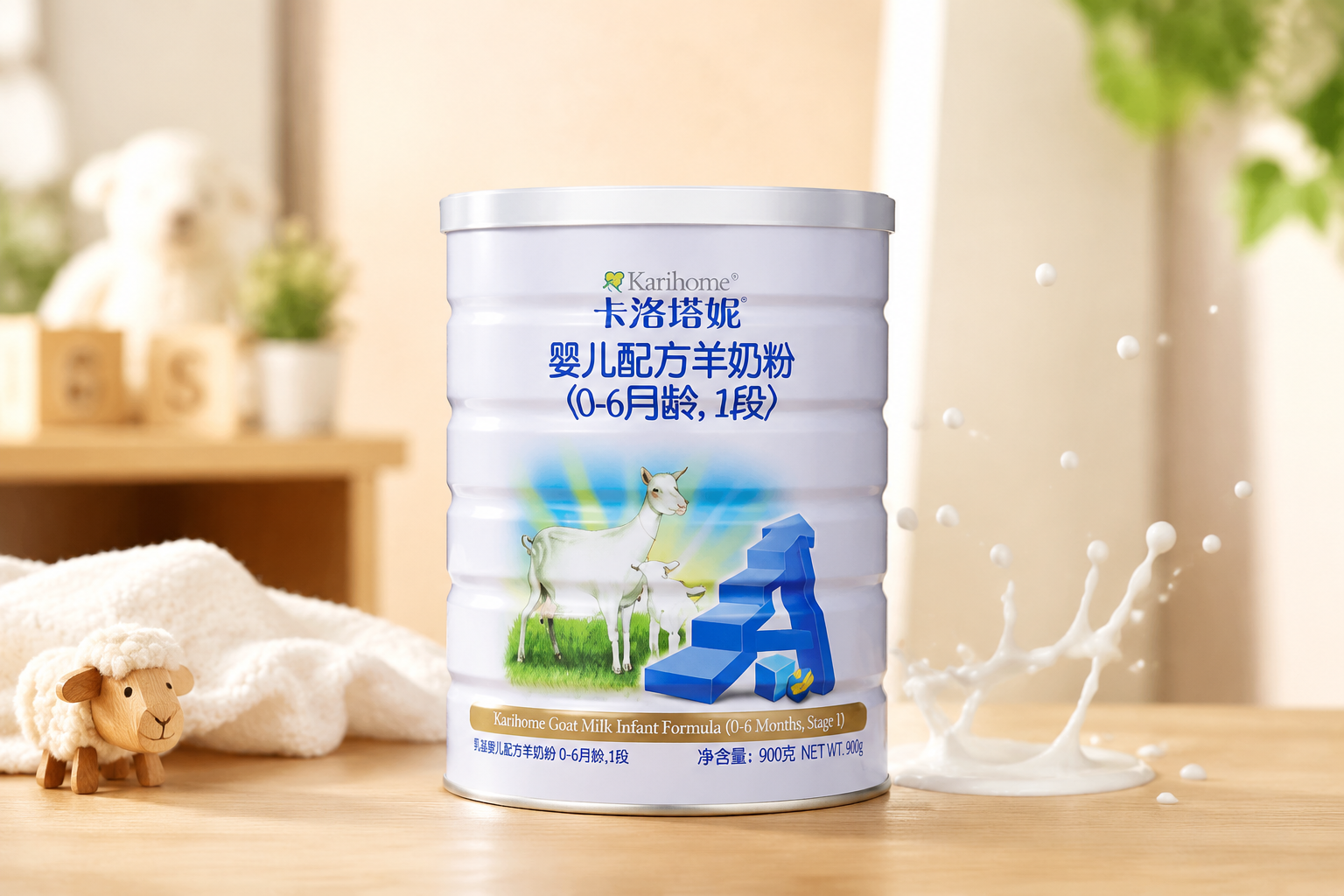 一罐嬰兒羊奶粉放置在干凈的木質(zhì)桌面上，背景是高端專業(yè)的母嬰影棚燈光，柔和的暖色調(diào)，旁邊有幾滴飛濺的純白牛奶，高清晰度，產(chǎn)品攝影，逼真。