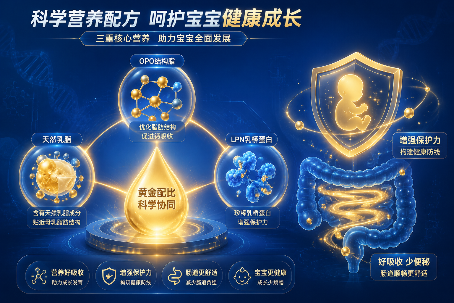 一张富有科技感的母婴营养配方解析图。画面中有OPO结构脂、天然乳脂和LPN乳桥蛋白的3D微观发光模型，旁边有盾牌元素代表免疫力，以及顺畅的肠道图形代表好吸收、少便秘，整体色调为科技蓝与温暖金相结合。