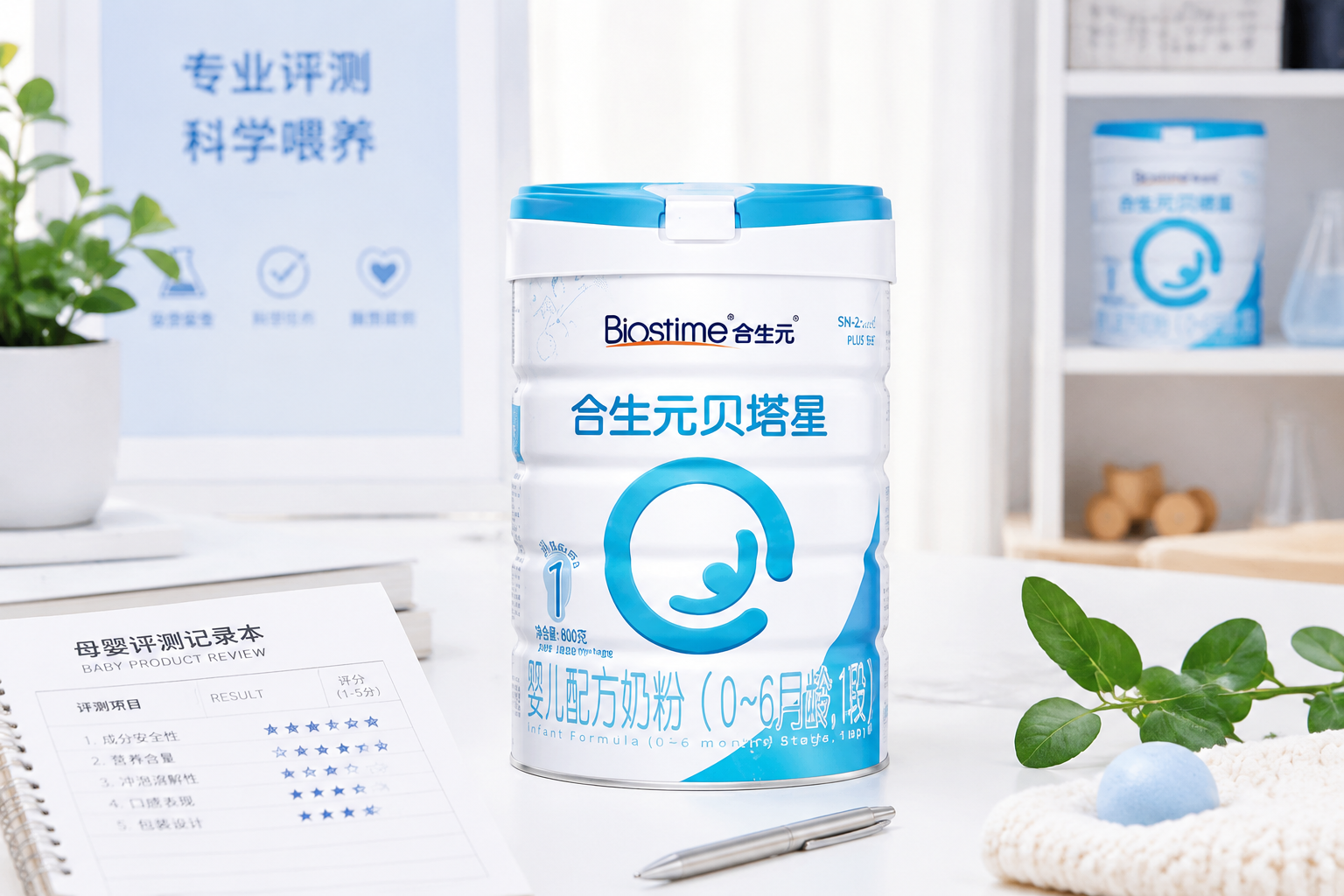 一罐合生元贝塔星奶粉的高清产品主图，放置在干净整洁的母婴评测工作台上，旁边有评测记录本和绿植点缀，光线明亮，展现专业评测氛围，摄影棚打光，8k分辨率。