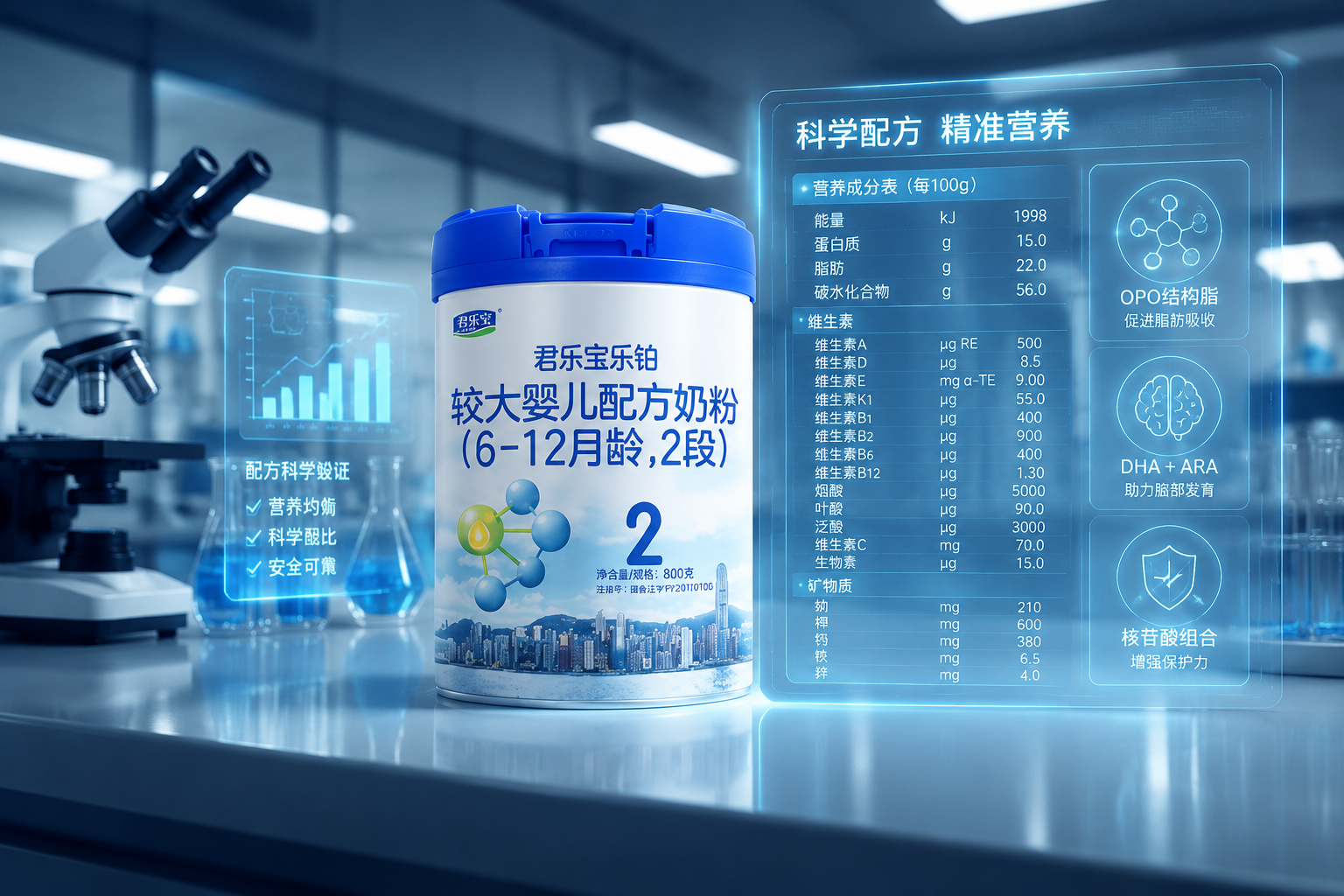 严谨的科学实验室背景，显微镜和发光的营养成分数据表，体现出奶粉配方成分的精准和科学性，色调偏冷色科技感。