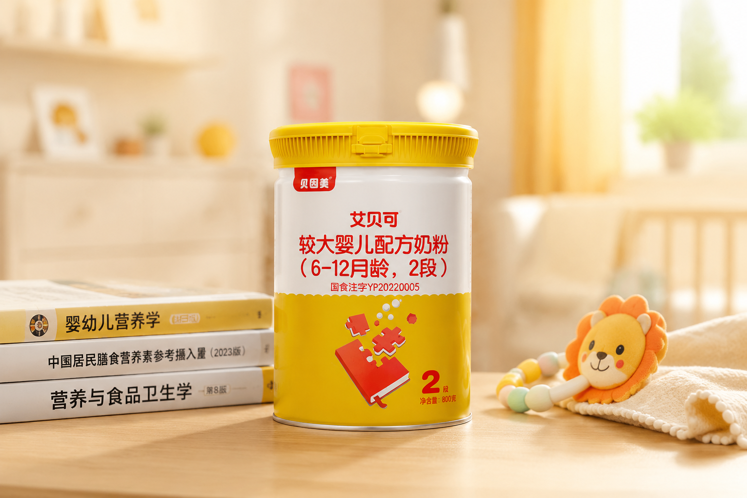 一罐貝因美艾貝可奶粉2段放置在木質(zhì)桌面上，背景是明亮溫馨的母嬰室，旁邊有幾本專業(yè)的營養(yǎng)學(xué)書籍和一個(gè)可愛的嬰兒安撫玩具，畫面采用暖色調(diào)，專業(yè)且具有親和力，高質(zhì)量攝影，景深效果。