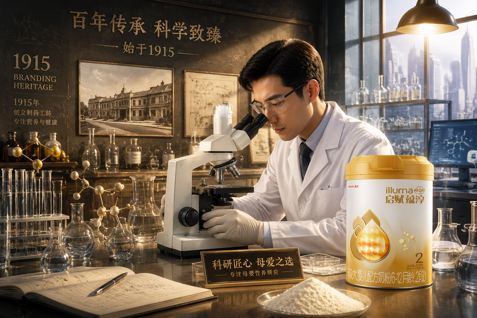 历史悠久的制药与母婴营养品研发实验室概念图，一位穿着白大褂的专业科研人员正在显微镜下研究高品质奶粉配方，背景带有1915年代的历史底蕴元素，充满科技感、专业感与安心感，电影级光影，高清晰度。