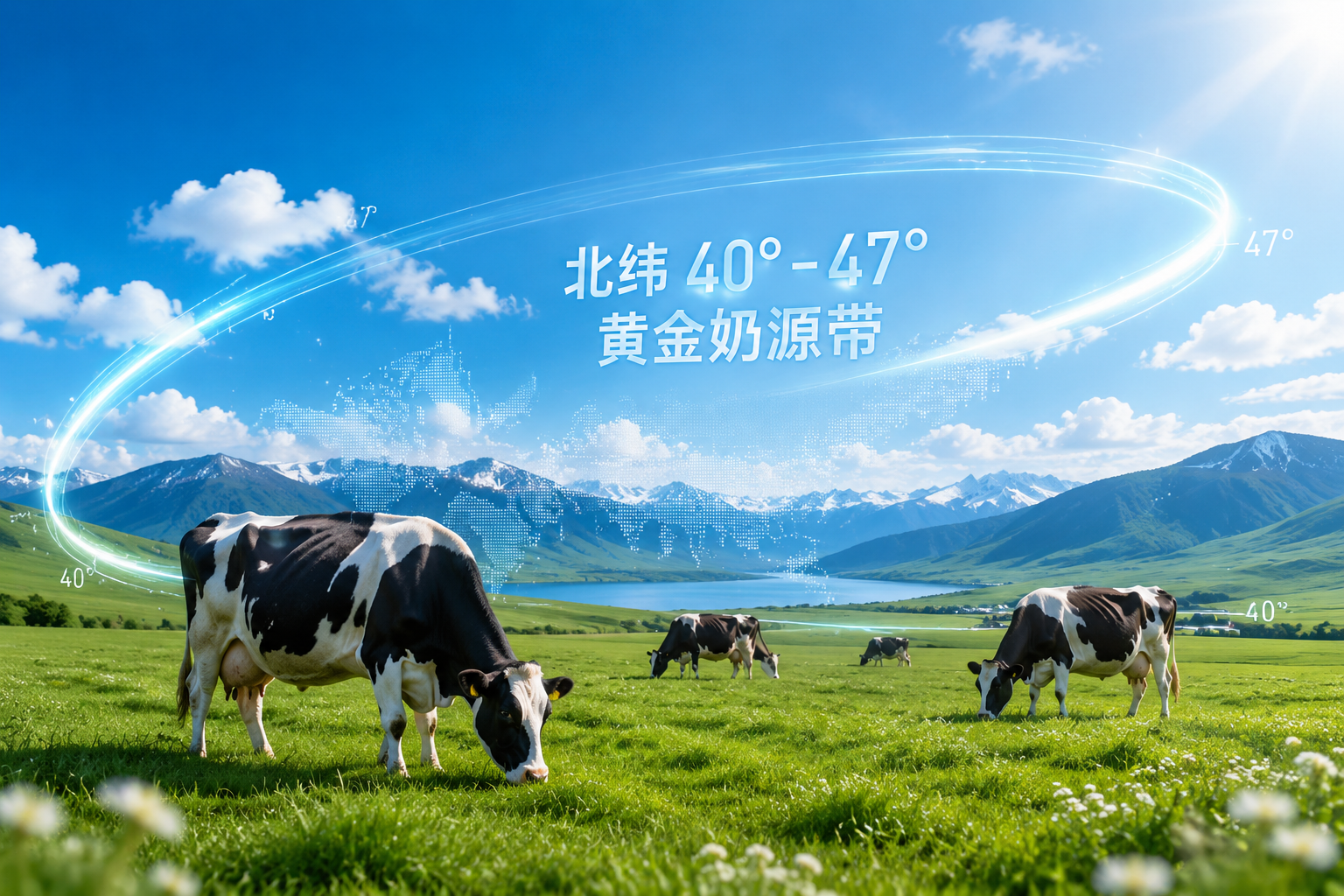 广阔的绿色生态牧场，蓝天白云，阳光明媚，几头健康的黑白花奶牛在吃草，画面叠加北纬40°-47°黄金奶源带的抽象发光线条，展现自然纯净的奶源地风貌。