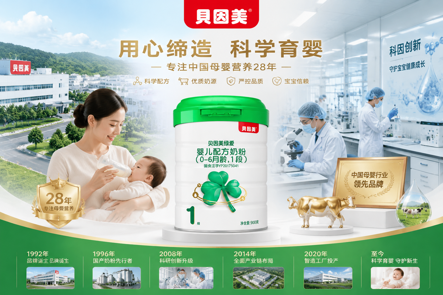 展现品牌实力的插画或合成图，背景包含现代化的奶粉生产工厂、研发实验室，以及贝因美品牌的标志性元素，色调专业、值得信赖，体现母婴企业的严谨与历史底蕴。
