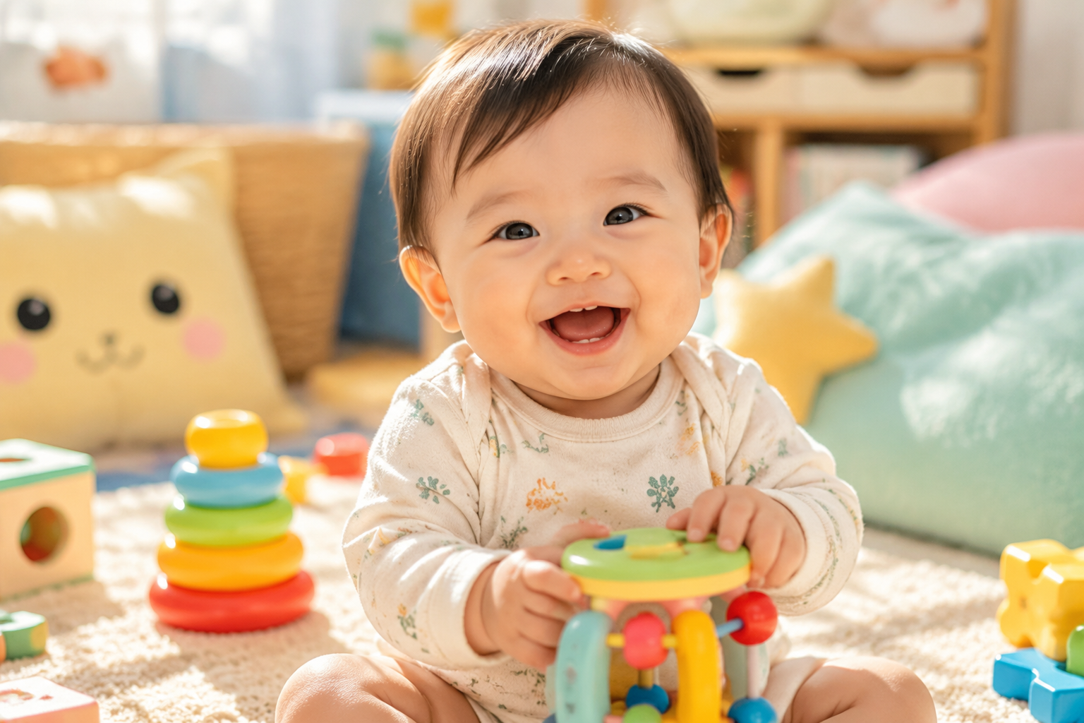 一個(gè)6到12個(gè)月大的可愛嬰兒，正坐在陽光明媚的地毯上開心地玩耍，笑容燦爛。背景是明亮溫馨的嬰兒房，有柔軟的抱枕和散落的益智玩具。畫面風(fēng)格溫馨、治愈，色彩明快，特寫鏡頭捕捉寶寶健康的膚色和靈動(dòng)的眼睛。