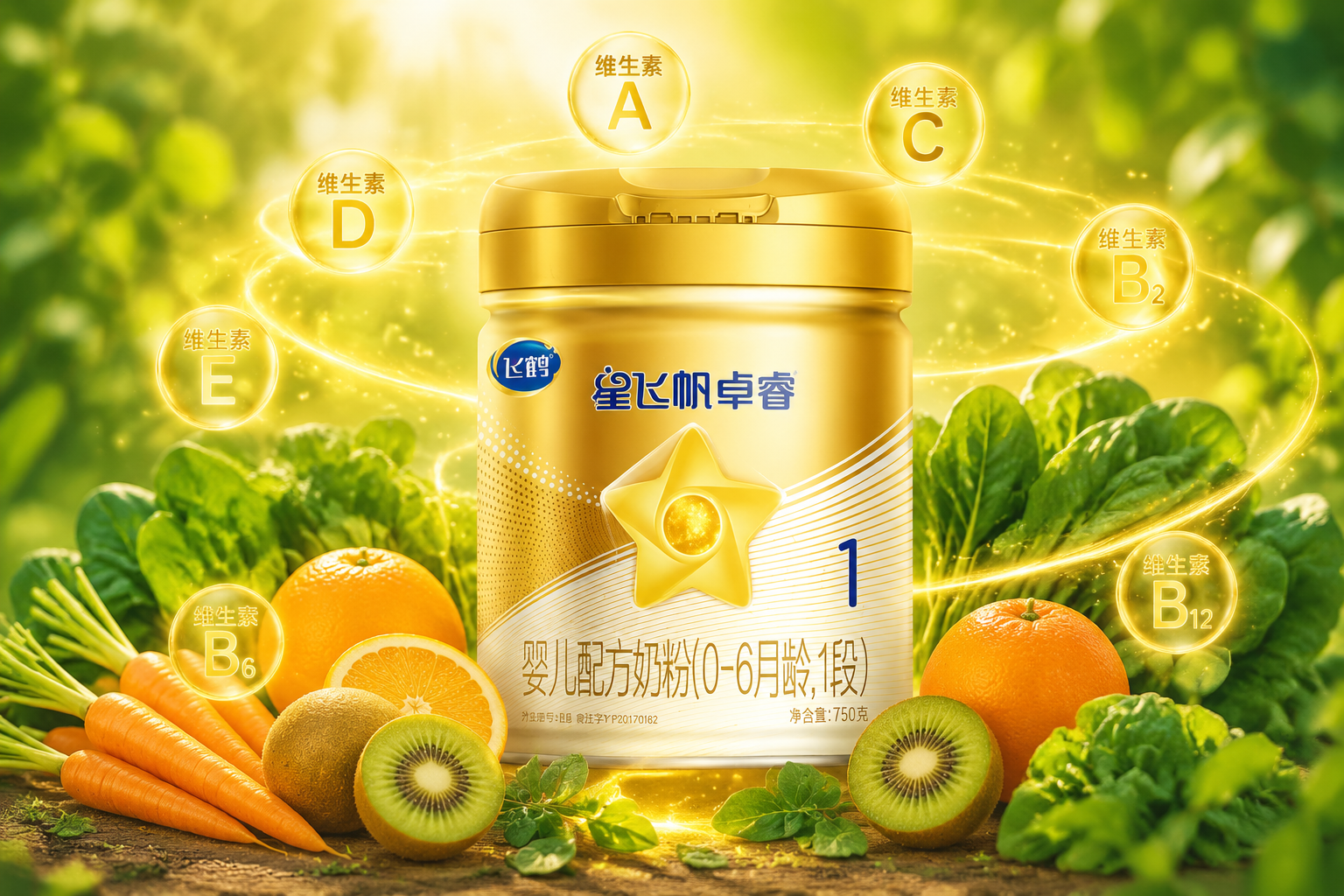 奶粉罐与新鲜的果蔬（如胡萝卜、菠菜、猕猴桃、柑橘）融合在一起，周围散发着代表各种维生素的金黄色光芒，画面清新自然，充满生机与活力。