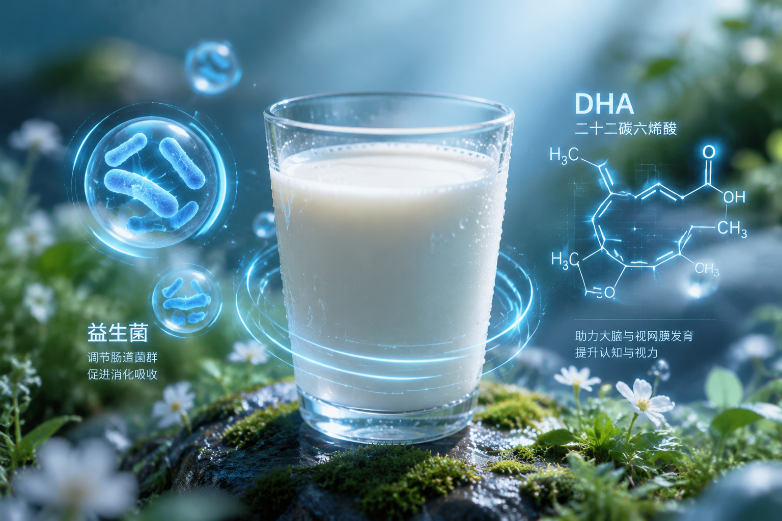 科学配方概念图，一杯纯净的鲜牛奶，周围环绕着发光的益生菌、DHA分子结构图解，微距摄影，科技感与自然结合。