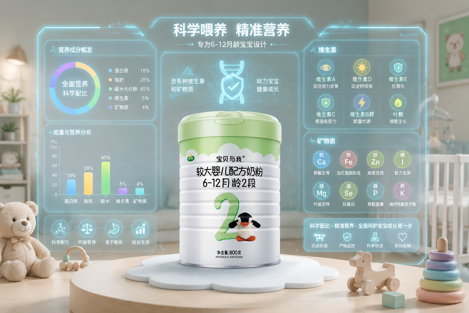 充滿科技感的數(shù)據(jù)面板，展示各種維生素和礦物質(zhì)的圖標(biāo)與圖表，背景是柔和的嬰兒房環(huán)境，體現(xiàn)科學(xué)喂養(yǎng)與精準(zhǔn)營(yíng)養(yǎng)。