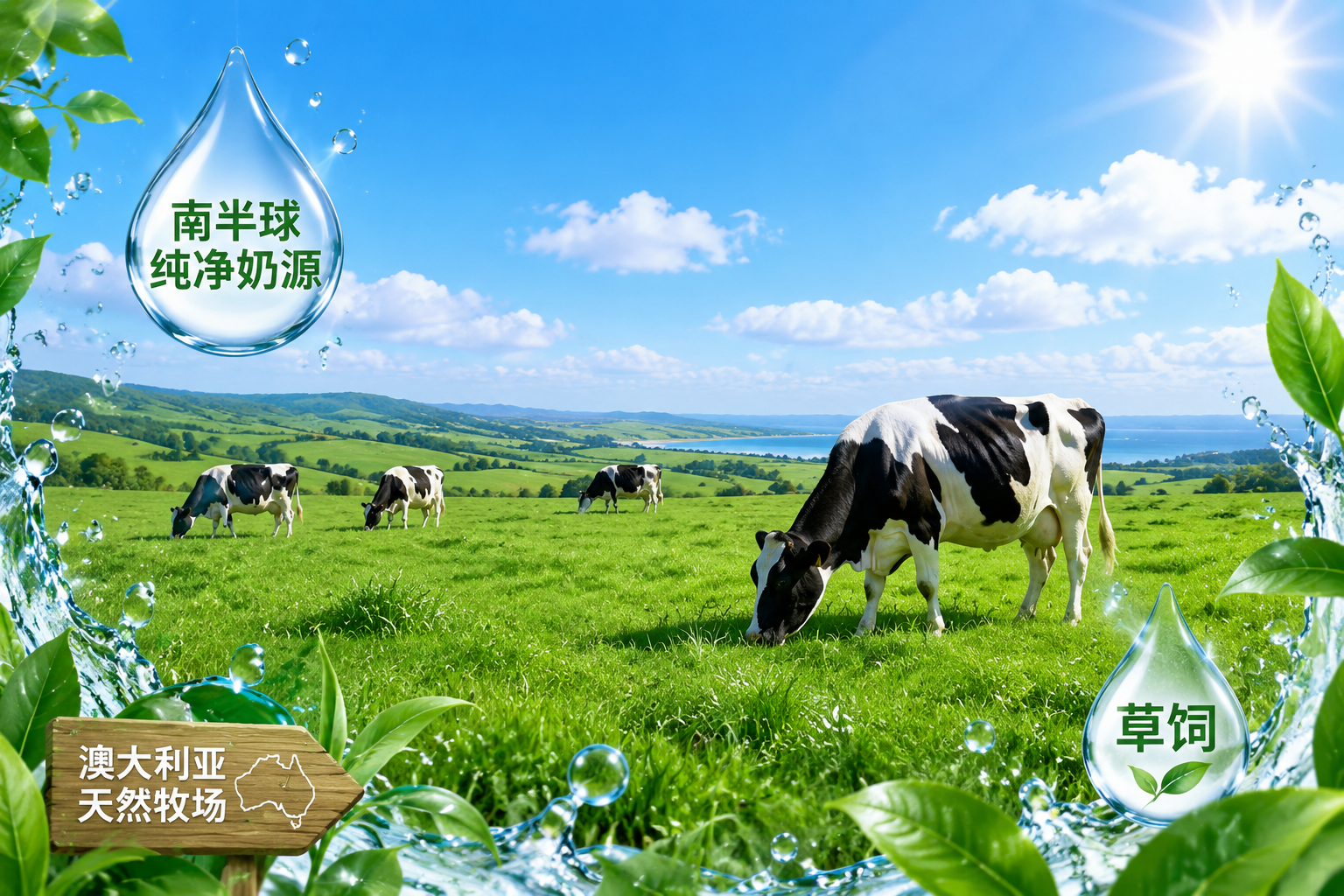 广阔、阳光明媚的澳大利亚天然牧场。蓝天白云下，绿草如茵，几头健康的奶牛正在悠闲地吃草。画面边缘带有纯净水滴和绿叶的元素，突出“南半球纯净奶源”和“草饲”的概念，色彩鲜艳、自然。