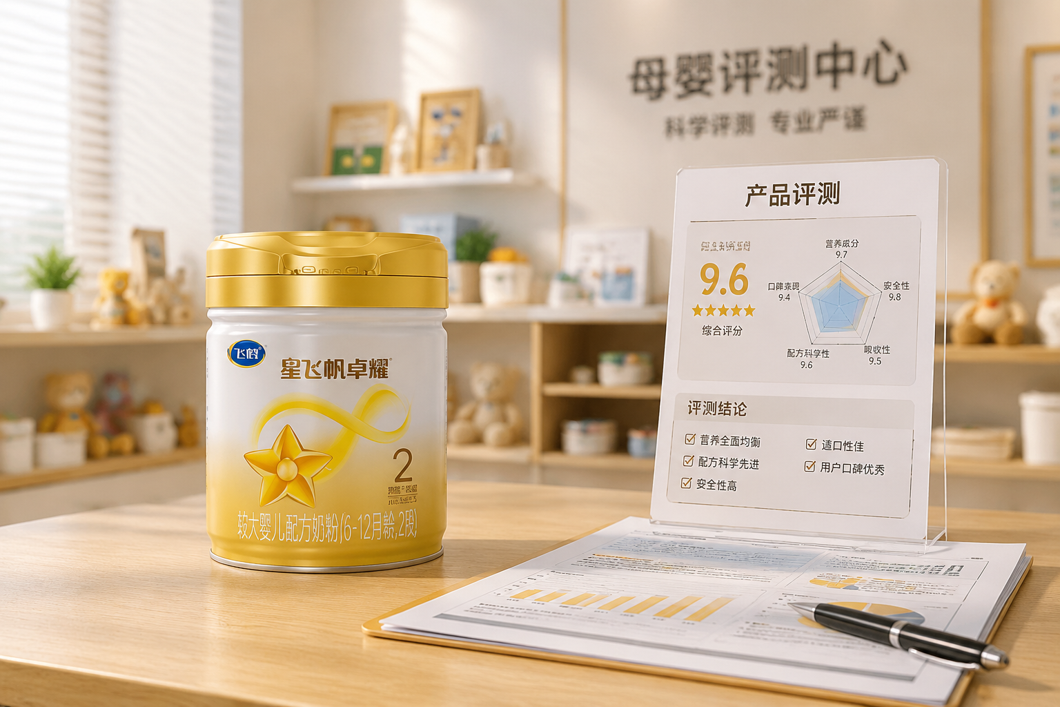 摄影级，一罐飞鹤星飞帆卓耀奶粉放置在木质桌面上，背景是高端母婴评测室，旁边有评测打分板和数据图表，突出专业测评氛围，柔和的自然光，高分辨率，8k --ar 16:9