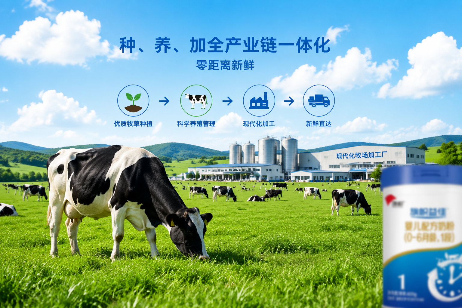 广阔的绿色草原风景图，蓝天白云下，健康的荷斯坦良种奶牛在吃草。画面远处有现代化的牧场加工厂，体现“种、养、加全产业链一体化”和“零距离新鲜”的概念。画面角落可以有奶粉罐的虚化剪影。