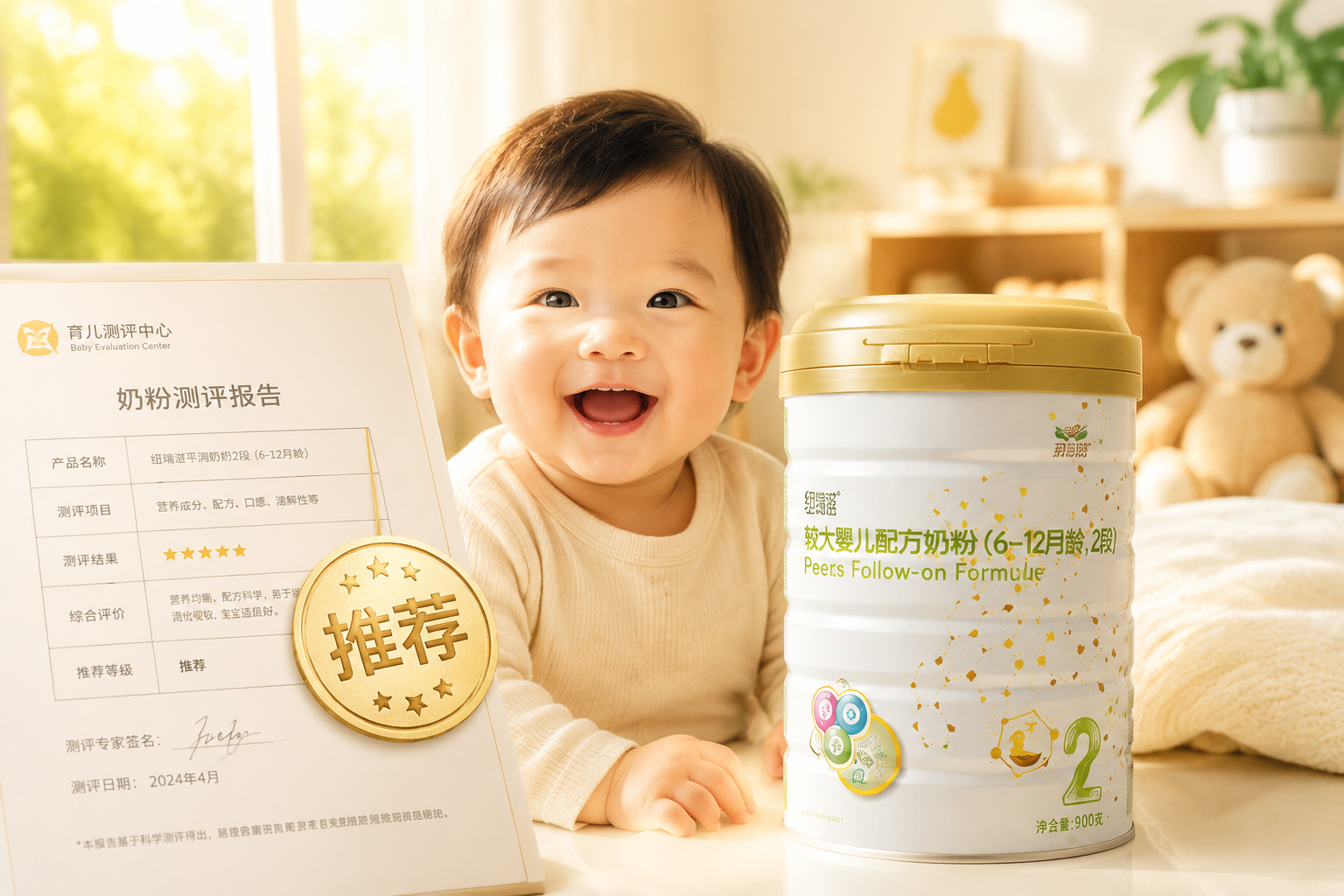 一個(gè)金色的“推薦”印章蓋在測(cè)評(píng)報(bào)告上，旁邊是一罐紐瑞滋平潤(rùn)奶粉2段。畫面前景是一個(gè)健康快樂的寶寶正在開心地笑，背景是溫馨的陽(yáng)光透過窗戶灑進(jìn)房間。整體氛圍溫暖、信賴、安心。