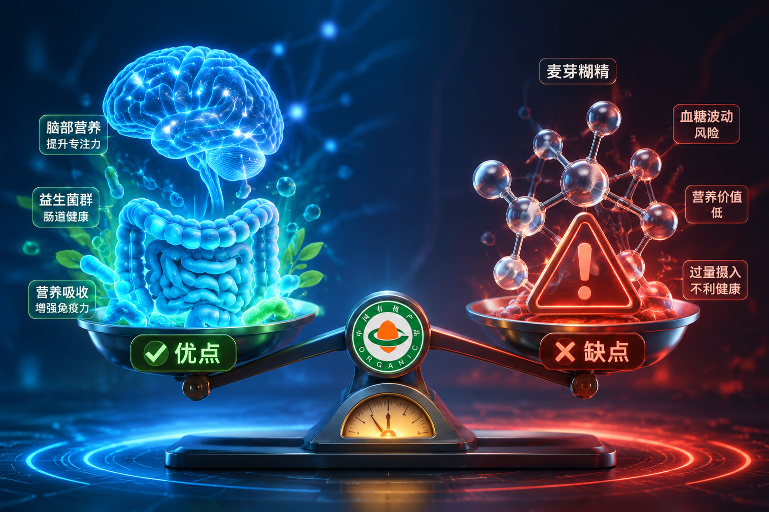 3D概念插画,左侧展示发光的大脑神经元和肠道益生菌代表营养优点,右侧展示一个带有警示标志的麦芽糊精分子代表缺点,天平秤设计,色彩对比鲜明,科技感与健康感结合。