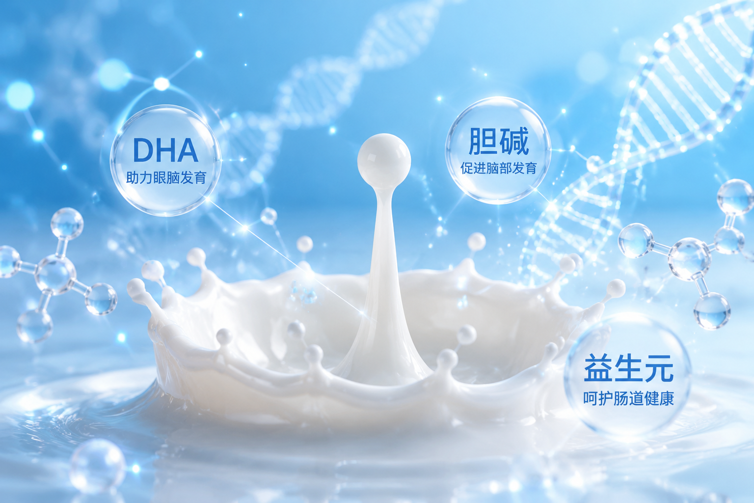 微距攝影，清澈的牛奶液滴濺起，周圍環(huán)繞著發(fā)光的半透明分子結(jié)構(gòu)和DNA螺旋發(fā)光特效，象征著DHA、膽堿、益生元等高科技營養(yǎng)配方，科技感與母嬰健康結(jié)合，淺藍(lán)色色調(diào)。