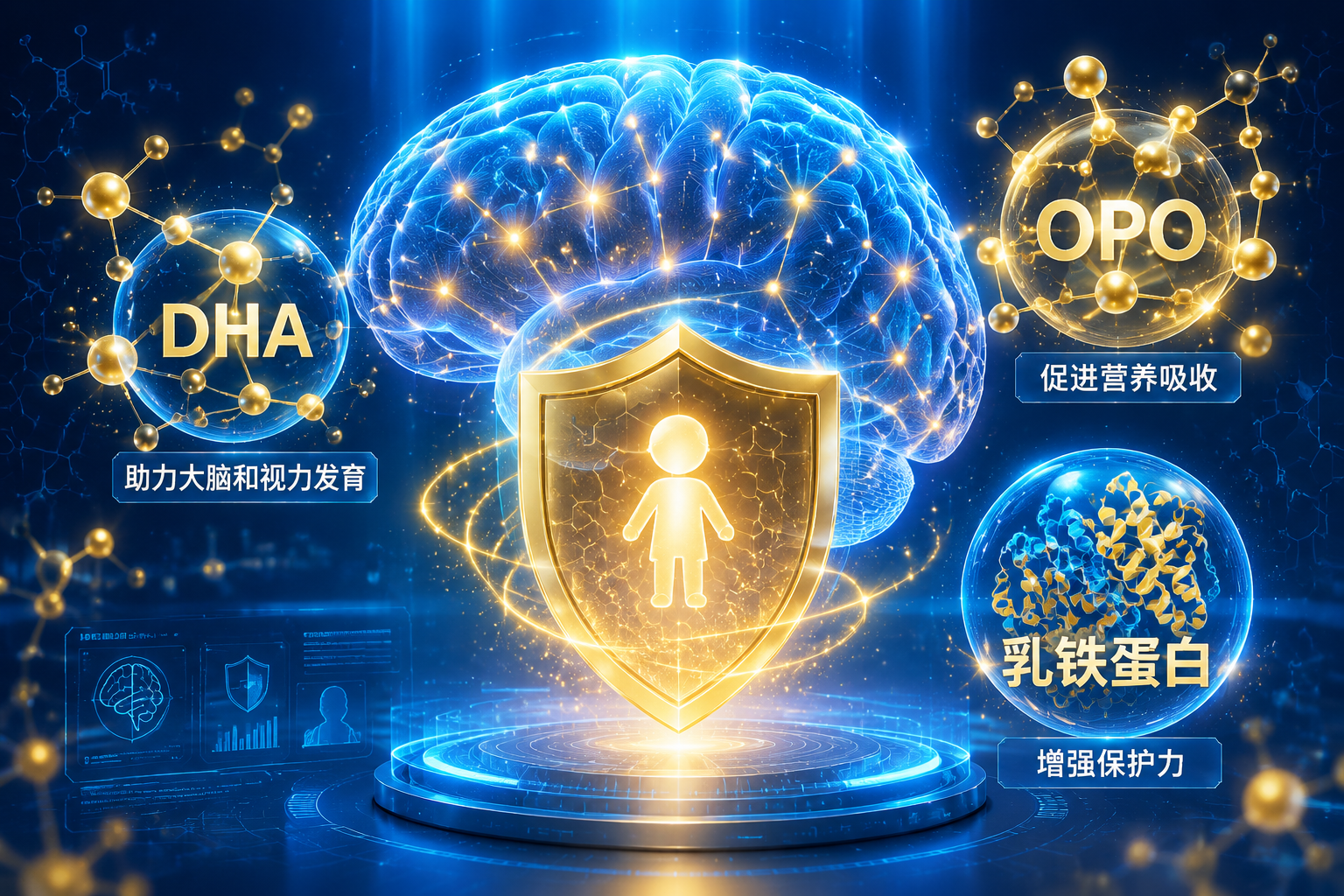 抽象的分子结构图形，包含DHA、OPO、乳铁蛋白的文字标签，背景是充满活力的婴儿大脑和盾牌（代表免疫力）的发光全息图，科技感，医疗健康风格，蓝色和金色主色调。