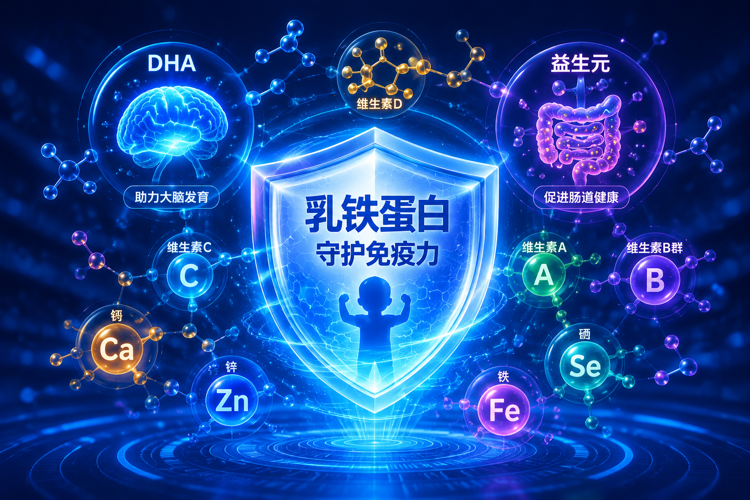 充滿科技感與營養(yǎng)元素的微觀世界。畫面中心是一個發(fā)光的盾牌（代表乳鐵蛋白和免疫力），周圍環(huán)繞著代表DHA（大腦圖標）、益生元（腸道圖標）、維生素和礦物質的彩色發(fā)光分子結構，背景為深藍色，醫(yī)療健康風格。