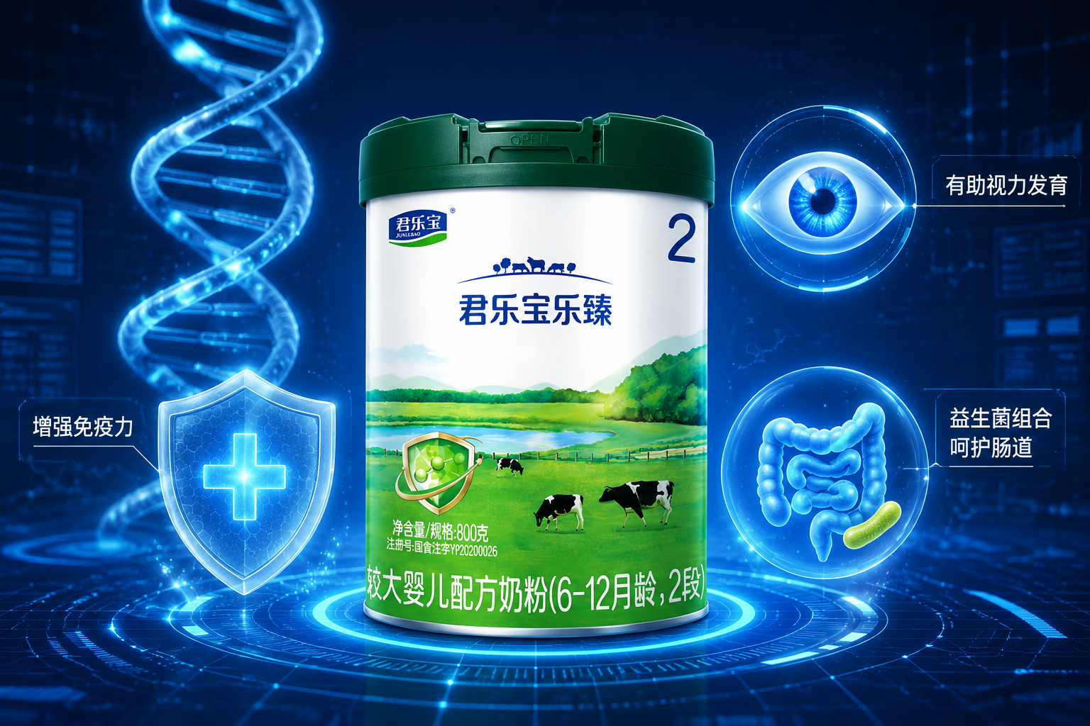 科技感與醫(yī)學(xué)營(yíng)養(yǎng)風(fēng)格插畫(huà)，一罐君樂(lè)寶樂(lè)臻奶粉置于中心，周?chē)h(huán)繞著發(fā)光的DNA螺旋、盾牌（代表免疫力）、眼睛（代表視力）和腸道益生菌的3D圖標(biāo)，背景是深藍(lán)色科技網(wǎng)格，充滿(mǎn)科學(xué)嚴(yán)謹(jǐn)?shù)姆諊?D渲染。