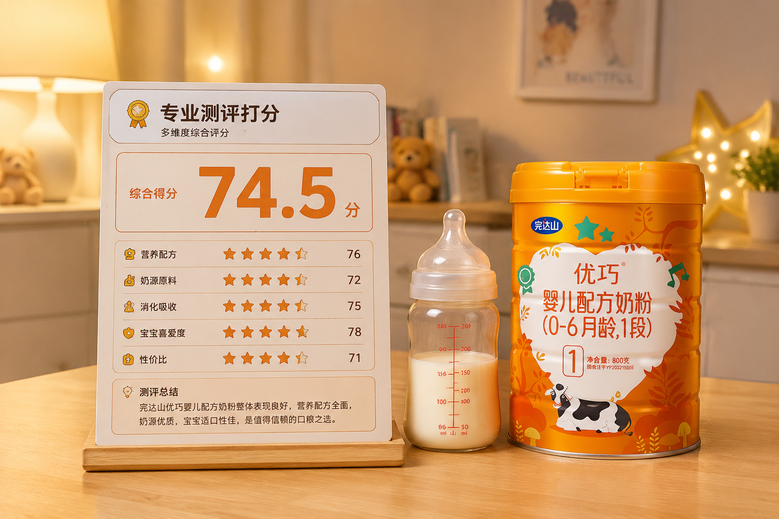 专业的测评打分板，上面醒目地显示数字74.5分，旁边放置着婴儿奶瓶和完达山优巧奶粉罐，温暖的室内灯光，母婴博主的高级桌面背景。