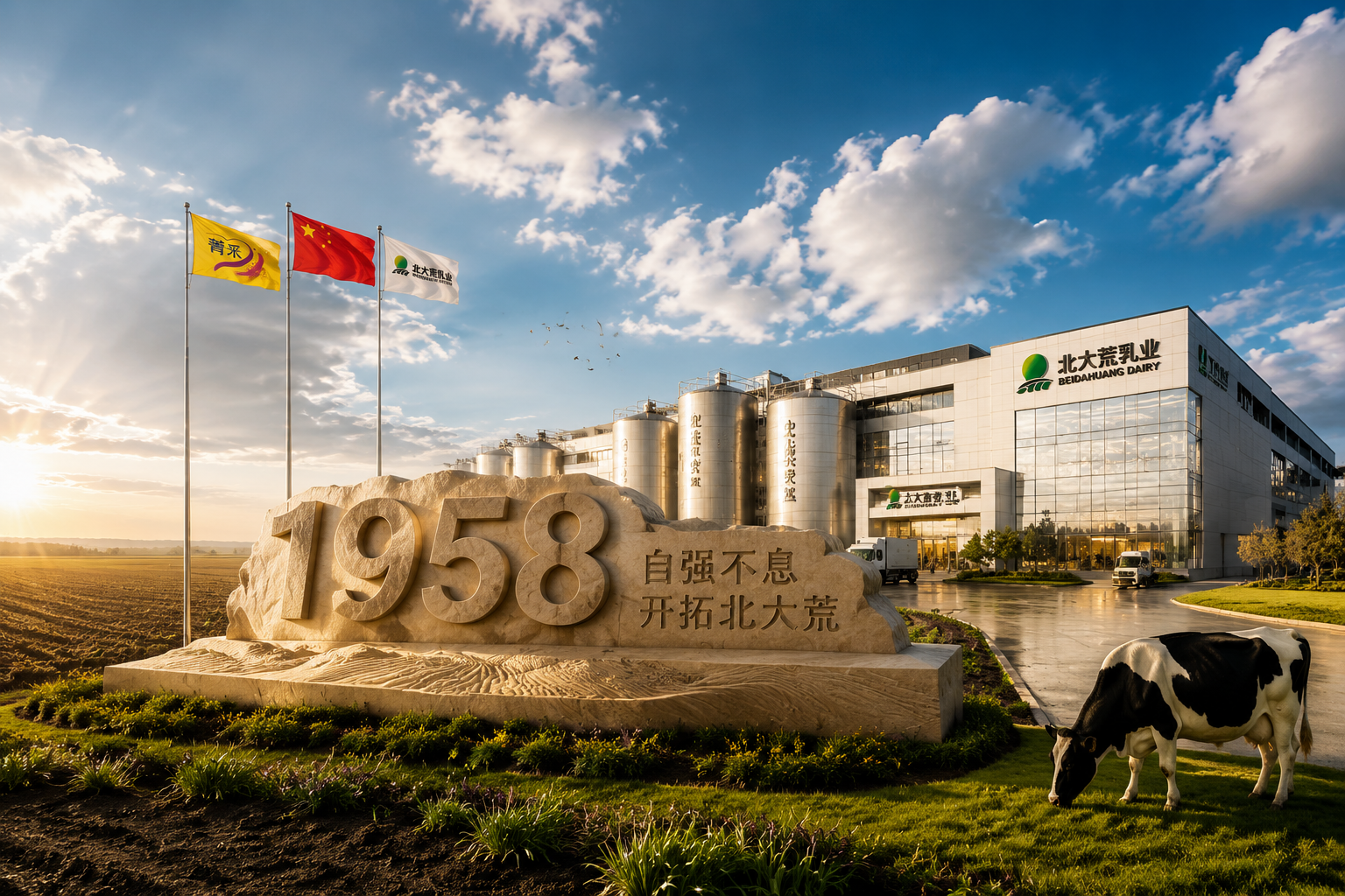宏大的企业背景图，展现现代化乳制品加工厂外观，带有历史沉淀感的“1958”字样浮雕，背景是广阔的东北黑土地和蓝天白云，象征着北大荒的雄厚实力，电影级光影，大气磅礴。