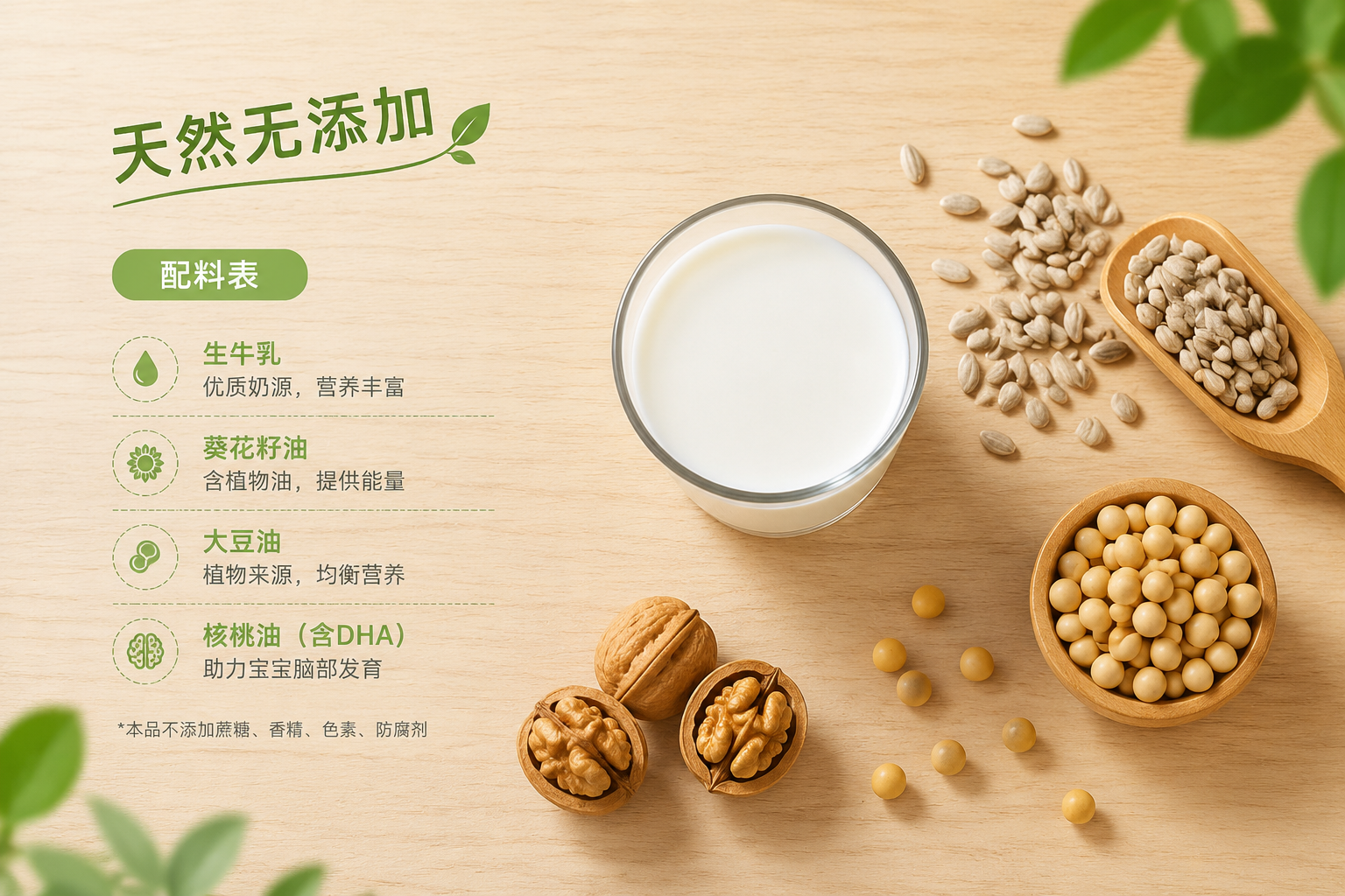 极简风格的配料表展示图，木质桌面上放着一杯纯牛奶，旁边散落着葵花籽、大豆、核桃（代表植物油和DHA来源），画面干净纯粹，带有绿色的“天然无添加”视觉感受，俯视角度。