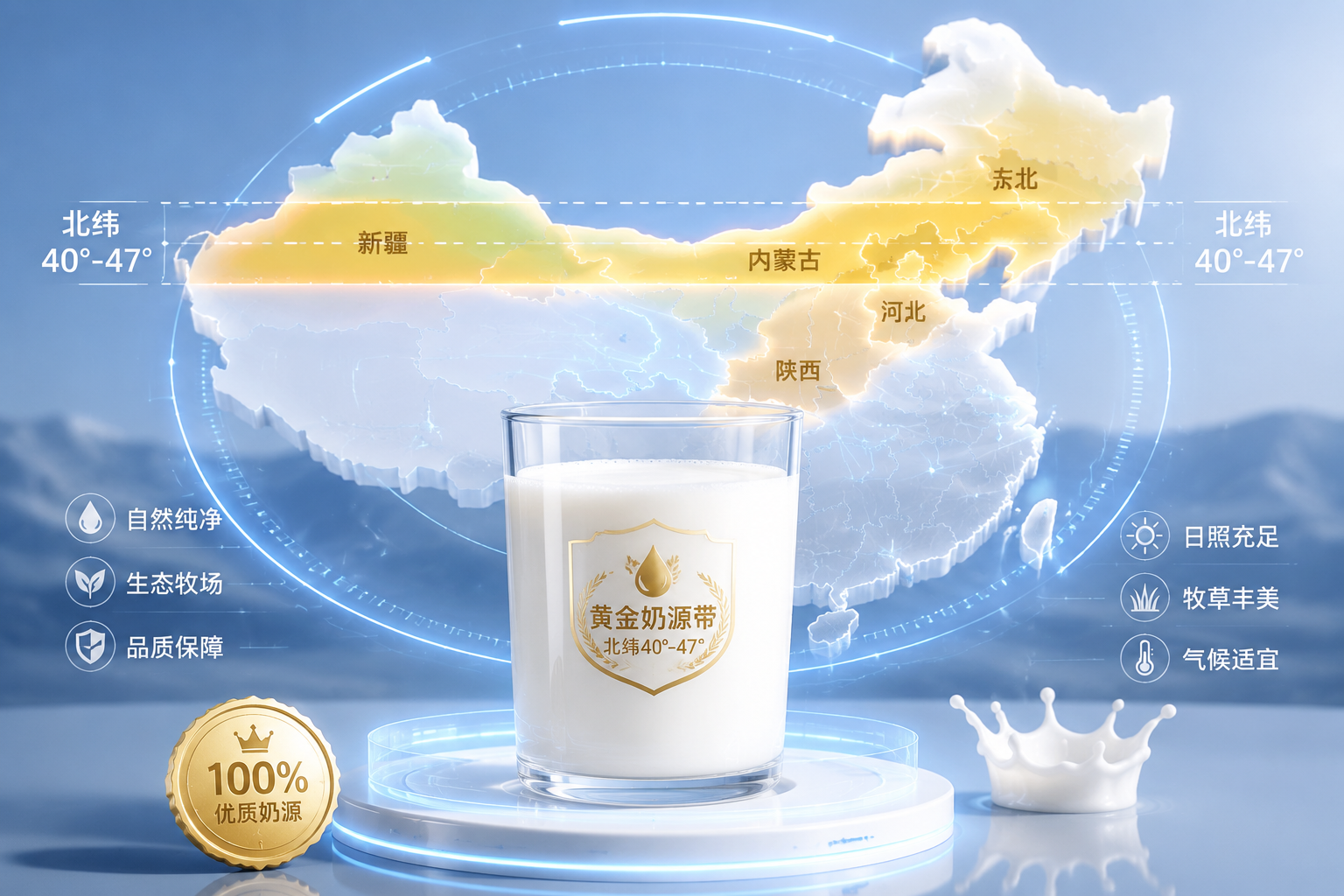 一杯纯净的鲜牛奶，背景是中国地图轮廓，高亮显示北纬40°-47°的黄金奶源带（内蒙古、新疆、东北、河北、陕西），带有科技感的数据光环，展现出高品质和纯净感，3D渲染，工作室光照。