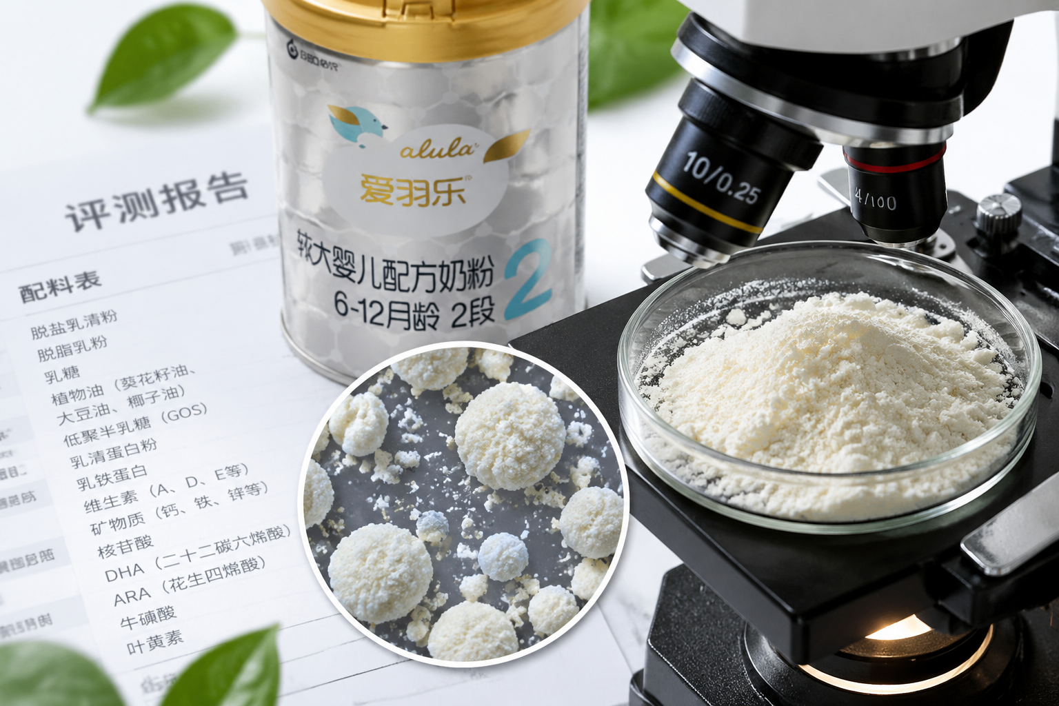显微镜下的奶粉颗粒微观摄影，配以干净整洁的评测报告纸张背景，纸张上隐约可见配料表字样，带有一点绿色植物叶片点缀，象征配料表中的天然与成分透明度，高光细节，静物摄影。