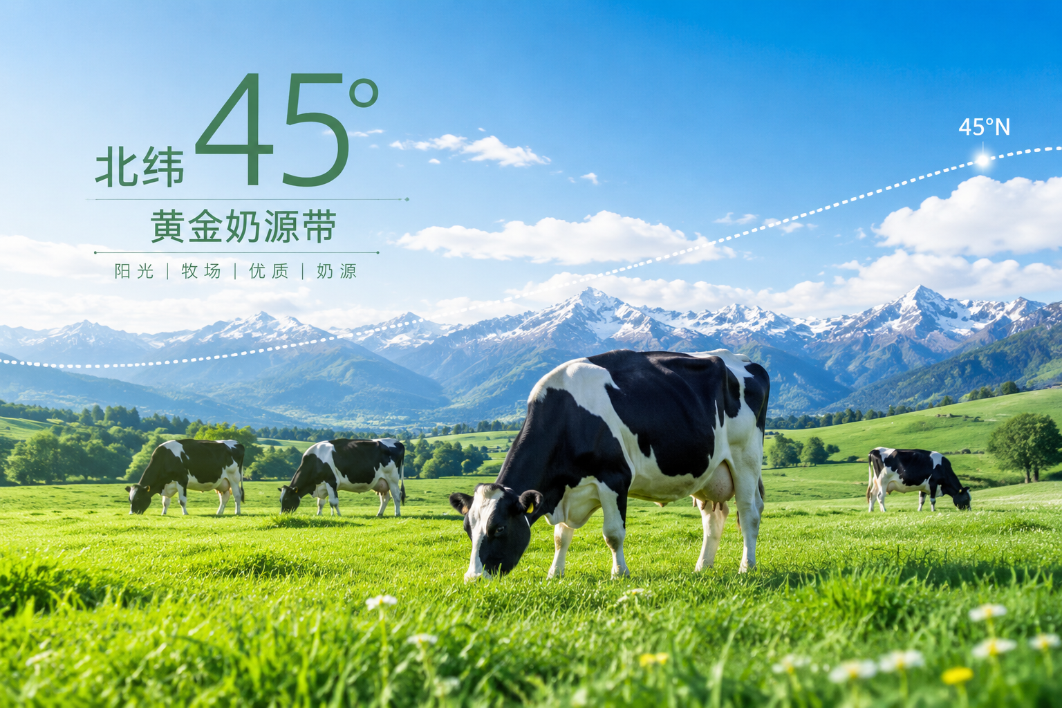 广阔阳光明媚的绿色牧场，北纬45度黄金奶源带概念，几头健康的黑白花奶牛在吃草，远山连绵，画面清新自然，充满生机与纯净感。