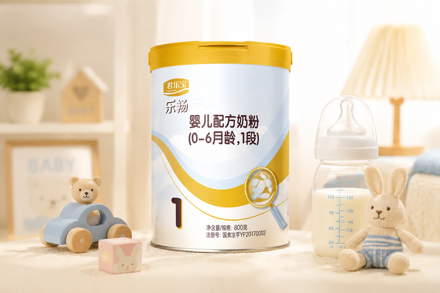 一罐君乐宝乐畅1段奶粉的高清产品主图，放置在温馨的母婴摄影棚背景中，旁边有可爱的婴儿玩具和奶瓶，光线柔和，色彩明亮，突出国货奶粉的专业感。