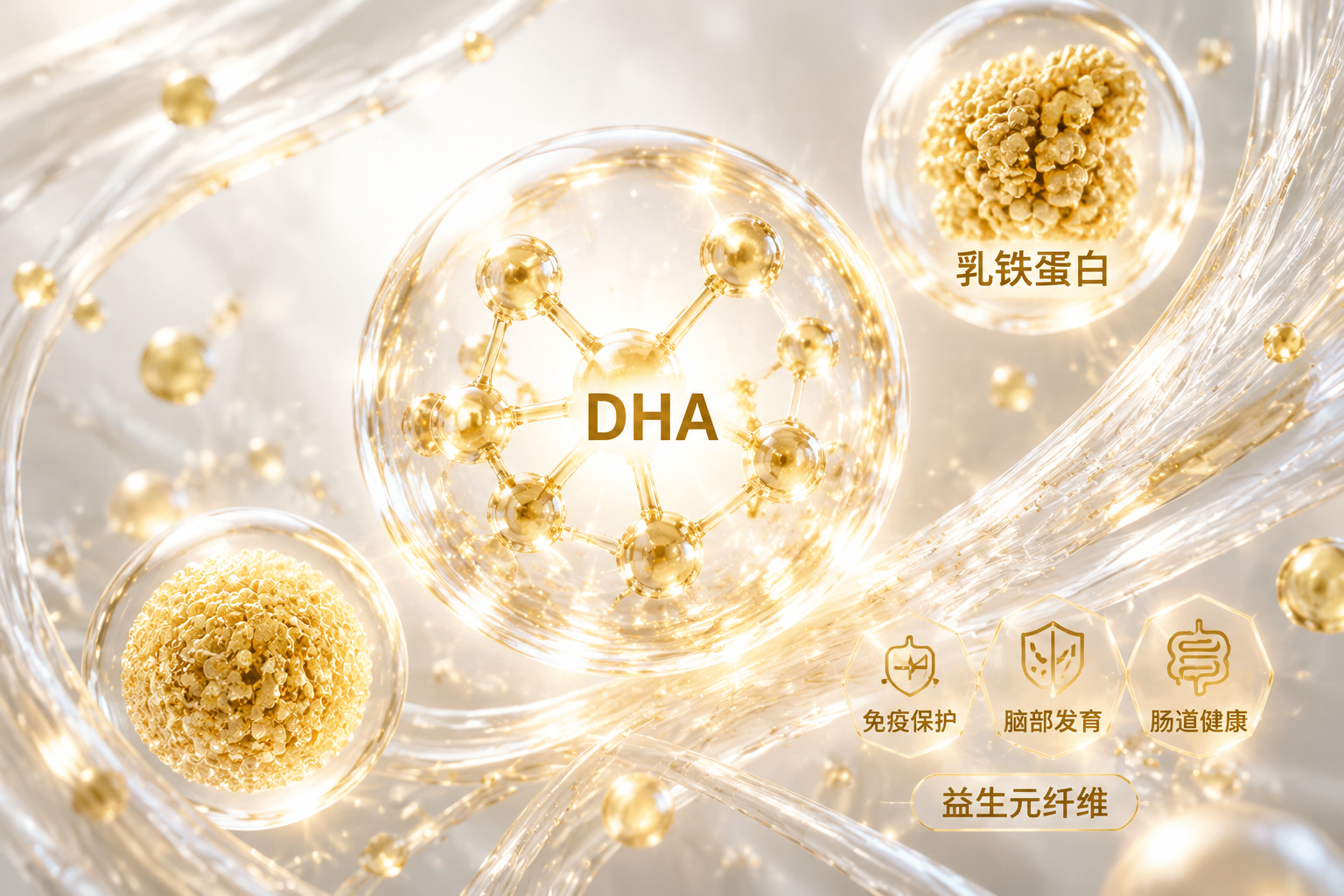 显微镜视角的艺术化表达，金色的DHA分子结构和乳铁蛋白分子在纯净的背景中闪耀，周围有益生元纤维，象征着高端强化营养配方，科技感与生命力交织。