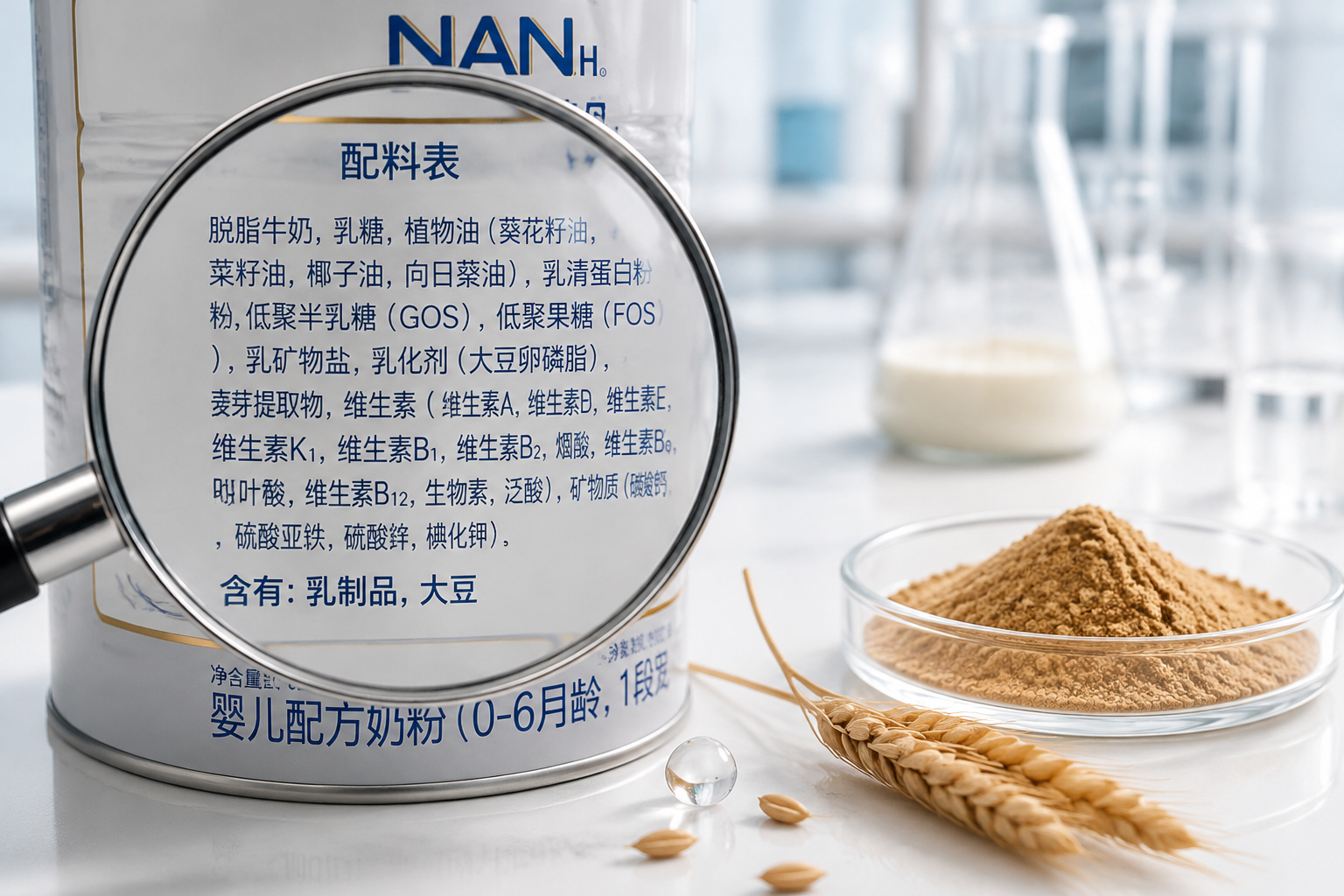 放大镜观察奶粉配料表的概念图,旁边有一些麦芽提取物,背景是干净的实验室桌面,浅色调,高清晰度微距摄影,强调细节和透明度。