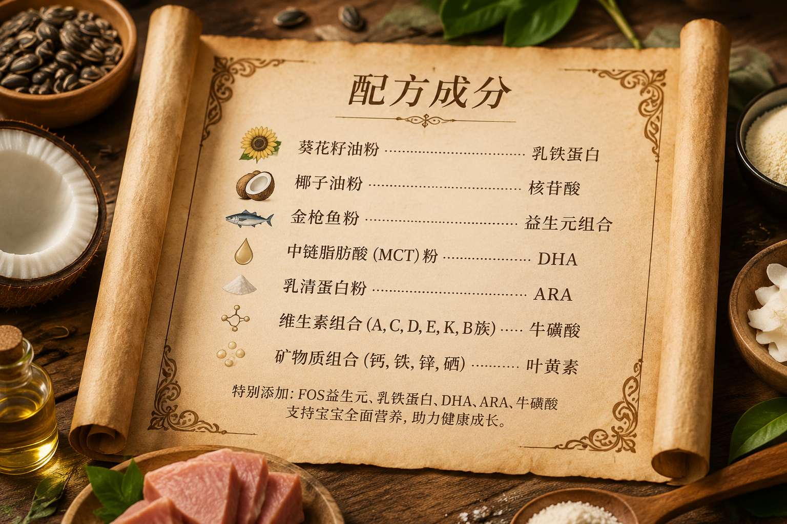 一张展开的古老羊皮纸卷轴，上面用优雅的字体写着配方成分，周围点缀着葵花籽、椰子、金枪鱼等天然食材的微缩模型，微距摄影，清晰细腻。