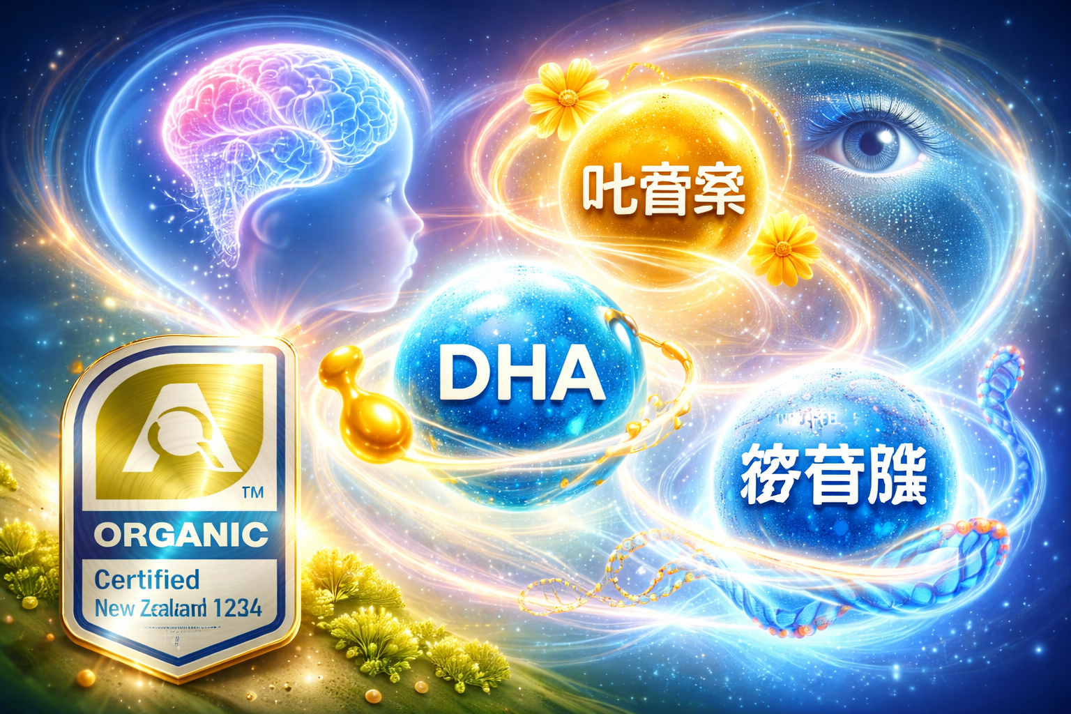 充滿科技感的營(yíng)養(yǎng)分子結(jié)構(gòu)圖，包含DHA、葉黃素、核苷酸的微觀發(fā)光模型，背景是嬰兒大腦和視力發(fā)育的抽象光效，結(jié)合新西蘭AsureQuality的金色認(rèn)證盾牌，展現(xiàn)科學(xué)配方與安全保障，3D渲染。