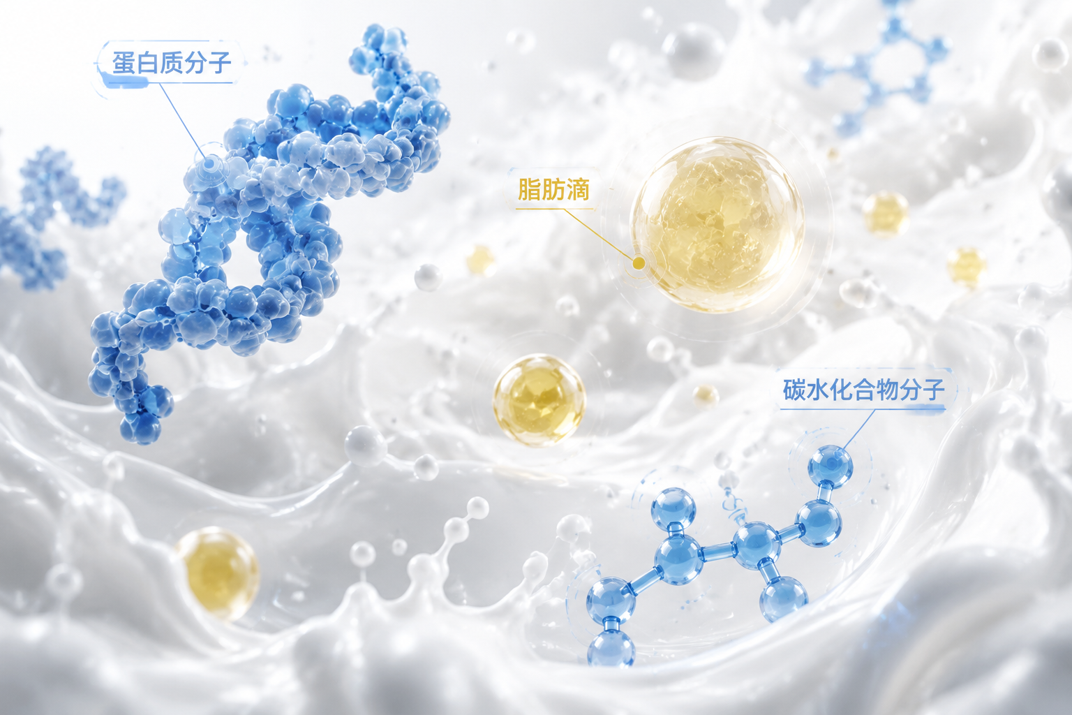 微觀視角下的營養(yǎng)成分概念圖，蛋白質(zhì)分子、脂肪滴和碳水化合物分子在純白的牛奶液體中漂浮，畫面充滿科技感與生命力。