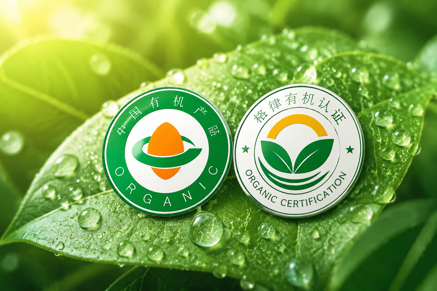 兩個(gè)精美的有機(jī)認(rèn)證標(biāo)志徽章（中國有機(jī)認(rèn)證與格律有機(jī)認(rèn)證），放置在清新的綠色植物葉片上，周圍有水滴和光暈，象征安全、環(huán)保與純凈，微距攝影風(fēng)格。